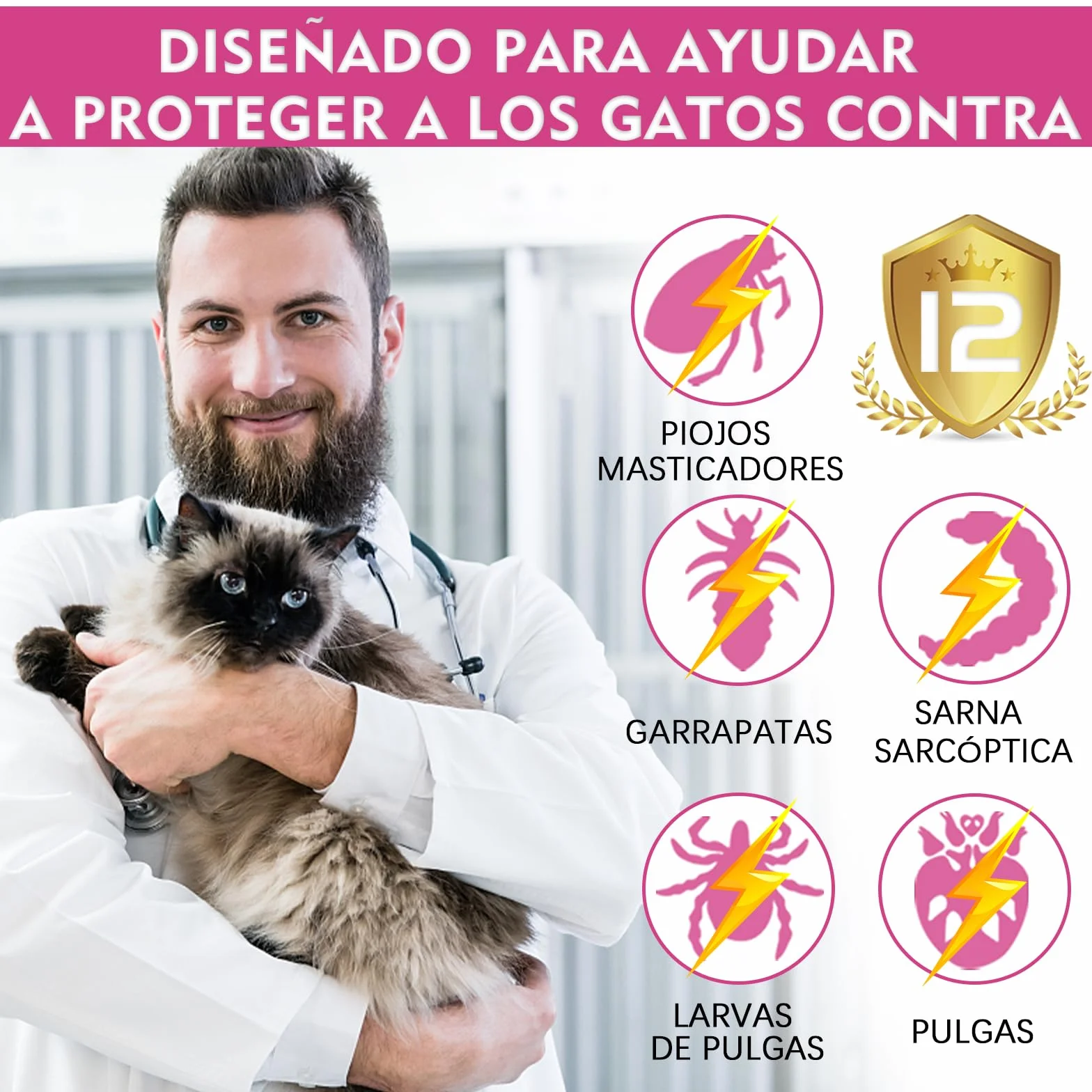 Collar Antiparasitario Gatos, Collar Antipulgas Gatos Natural, Protección 12 Meses Impermeable, Ajustable 48 cm Seguro y Cómodo para Todo Tipo de Gatos (48CM)