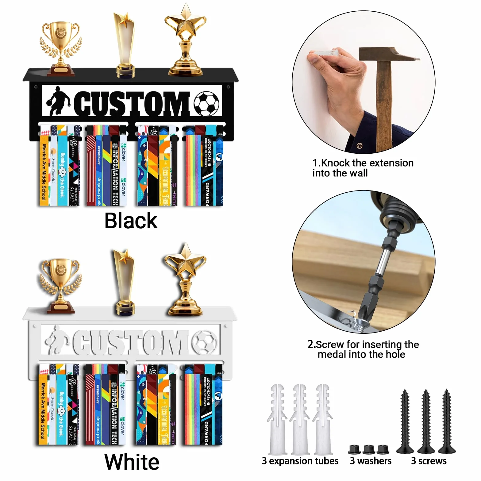 Perchero de medallas personalizado de acero, estante para premios y cintas, soporte de pared con diseño de nombre y deporte