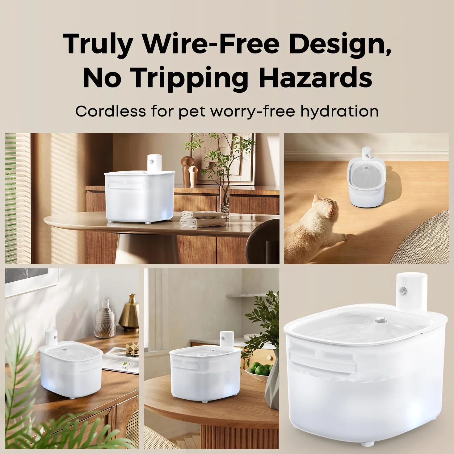 Fuente para Gatos sin Cable a Pila con Sensor de Movimiento, 2.6L Fuente de Agua Fria para Gatos con Bateria 3000mAh Recargable, Bebedero Automático a Prueba de Salpicaduras