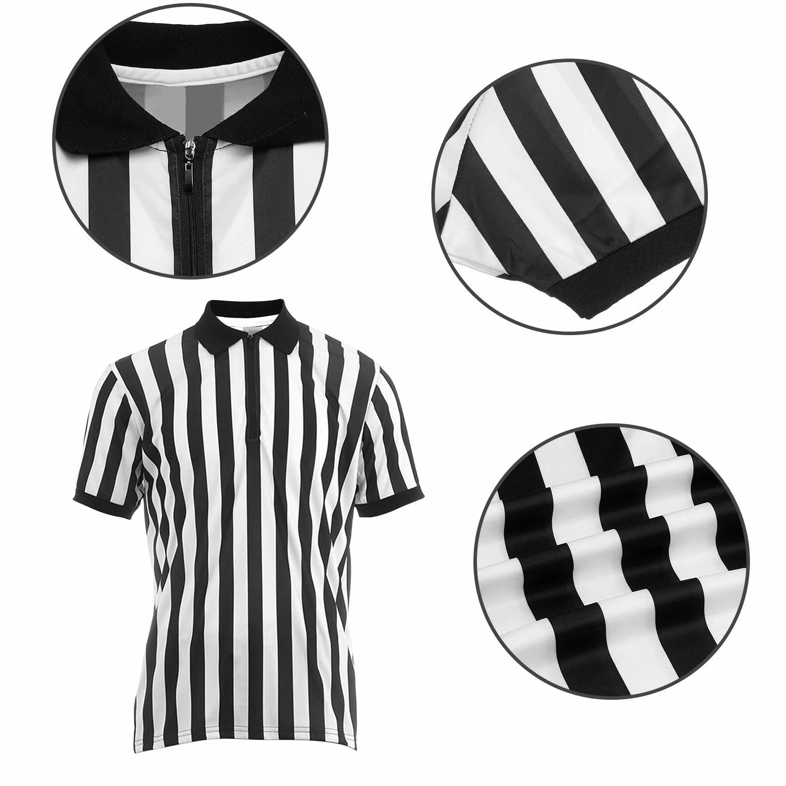 Camiseta Oficial De Árbitro De Fútbol Manga Corta A Rayas Blancas Y Negras Con Cuello Invertido
