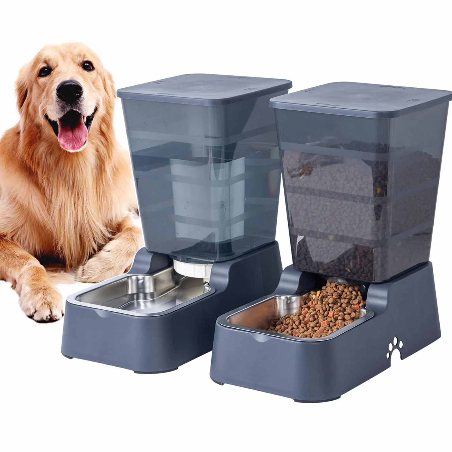 Dispensador automático de comida para perros y agua para perros, 5 L, dispensador de comida para gatos y gatos para perros medianos y grandes, gatos y otros animales (juego de 5 L, gris oscuro)