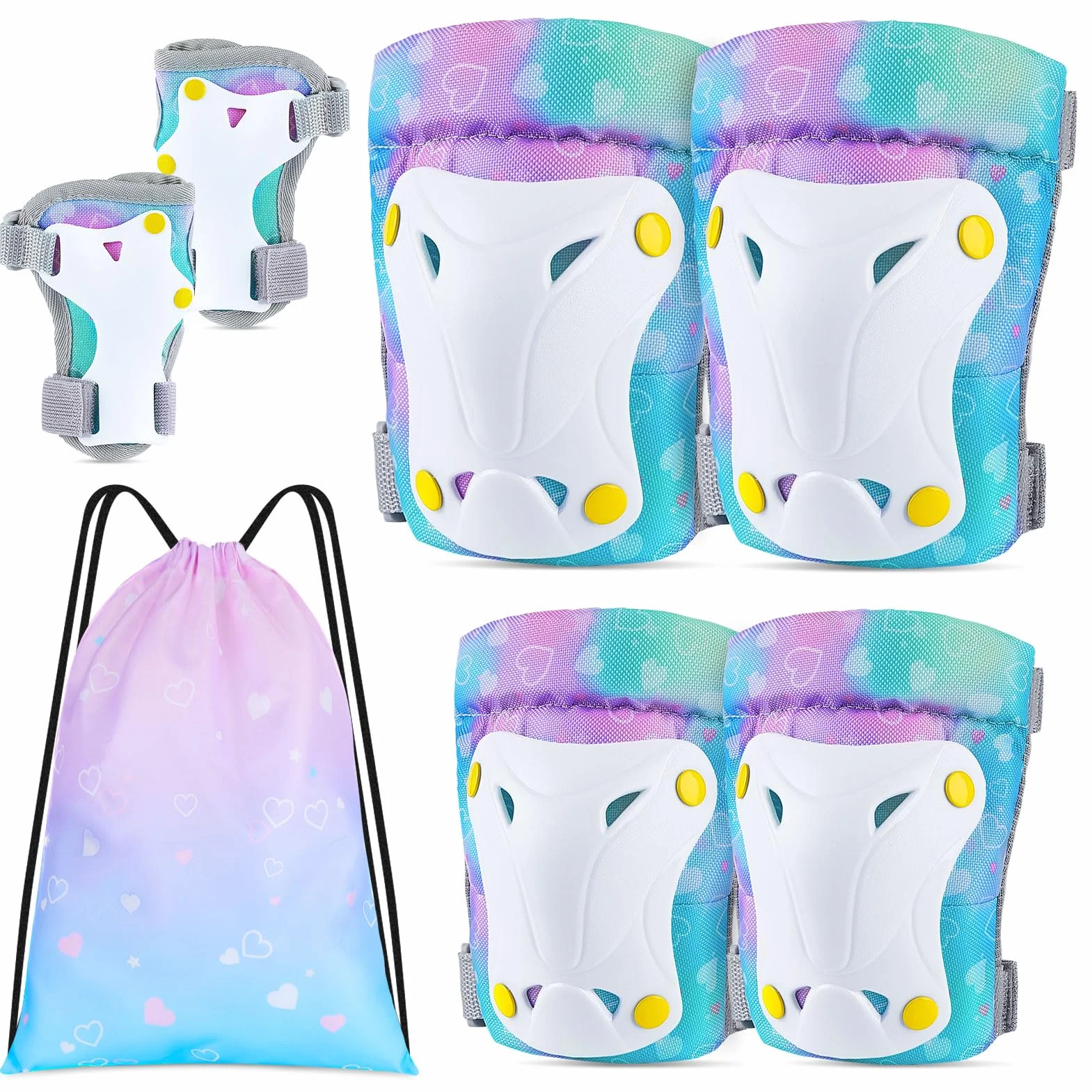 Unicorn Castle Rodilleras y Coderas de Unicornio para niños y niñas, Juego de Equipo de protección Ajustable 6 en 1 con Bolsa de cordón, 3-8 años