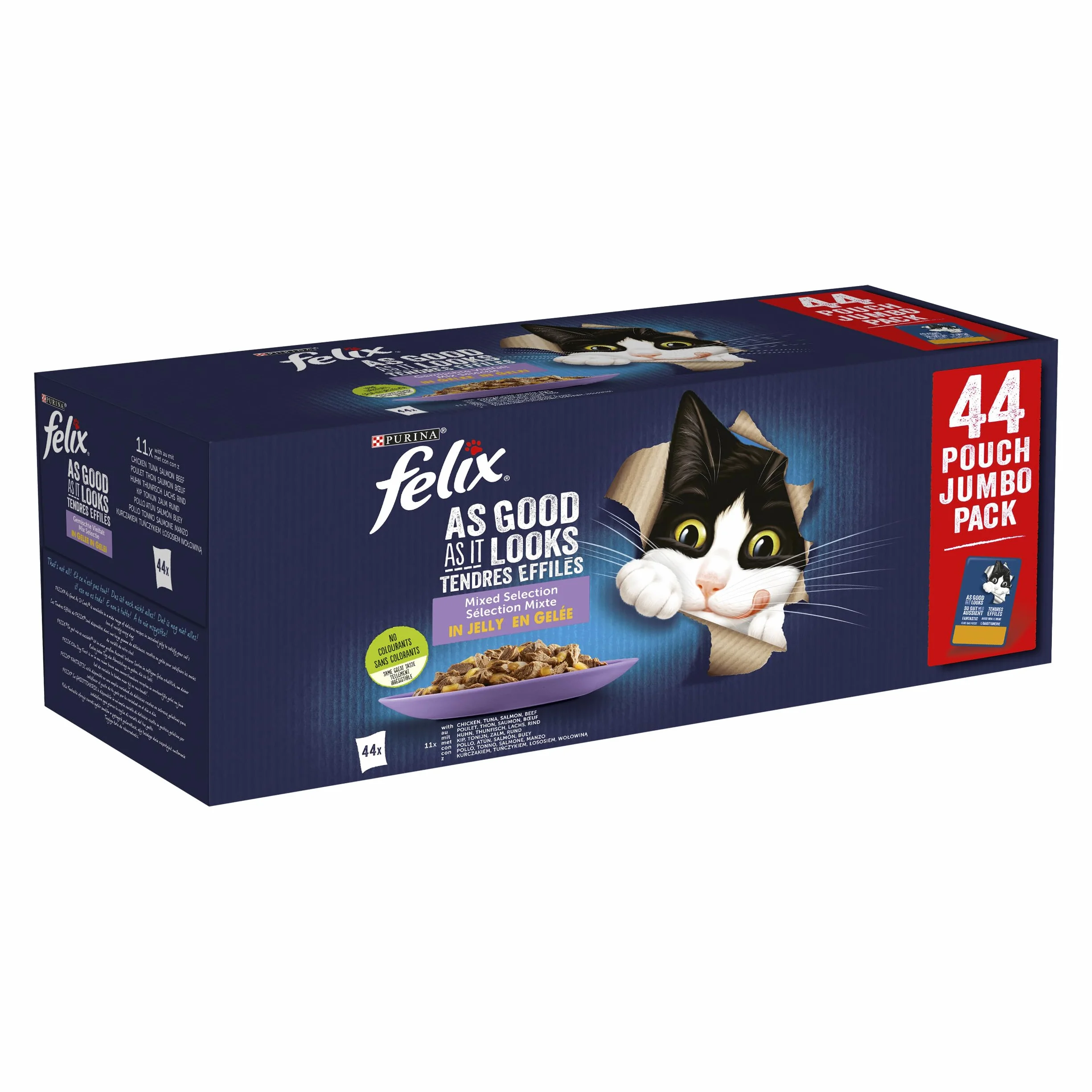 FELIX Comida Húmeda para Gato Adulto, Gelatina, Surtido Buey Pollo Salmón Atún, Pack 44 Sobres 85 g