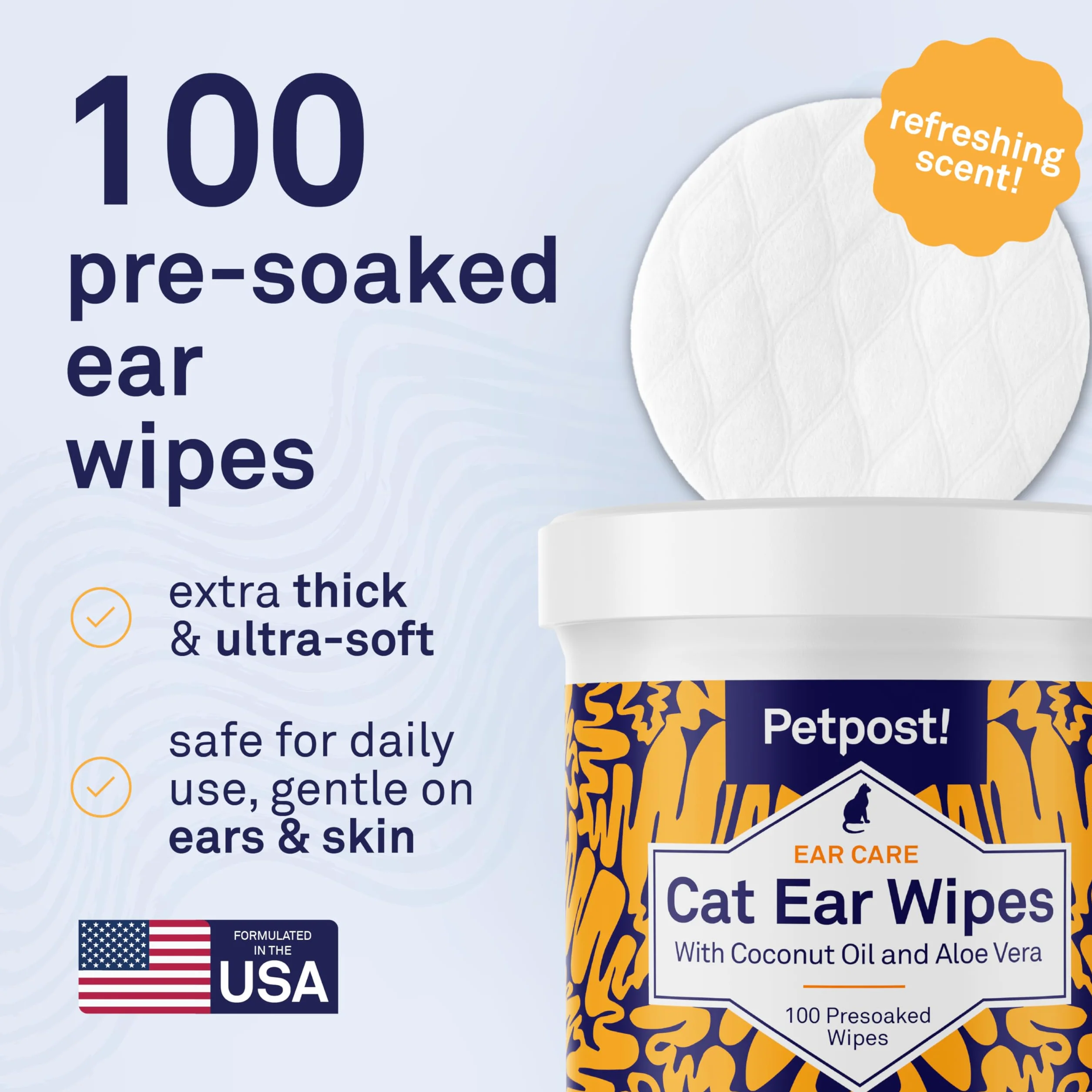 Petpost | Toallitas Limpiadoras de Oído para Gatos – 100 Almohadillas de Algodón Ultra Suave en Solución de Aceite de Coco – Tratamiento para Garrapatas de Oído de Gatos e Infecciones Auditivas