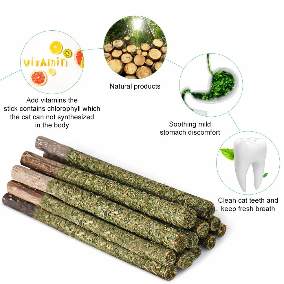 OSDUE Palitos De Hierba Gatera, 12 Masticar Palos para Gatos, 100% Orgánico Natural, para Aliviar el Aburrimiento y Limpiar los Dientes