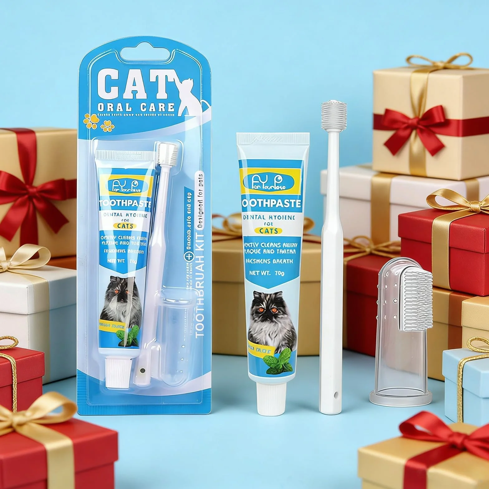 Pasta de dientes para gatos con cepillo de dientes y cepillo de dientes para perros y gatos, elimina la placa y el sarro, aliento fresco y bueno para los dientes