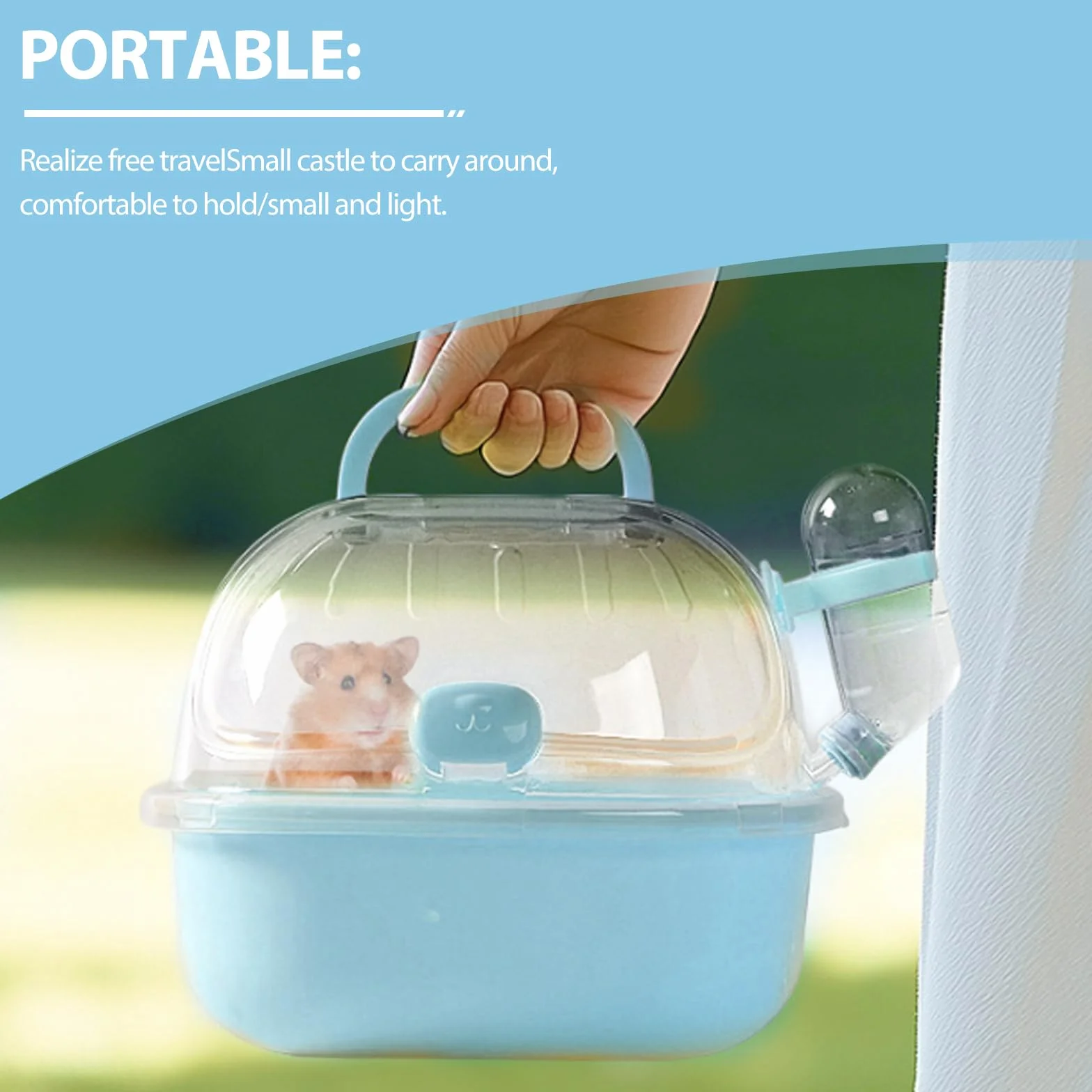 Transportbox Hamster con botella de agua, 20 x 18 x 19 cm, portátil, para animales pequeños, jaula de transporte con ranuras de ventilación, caja de viaje, jaula de transporte para jerbos, ratones