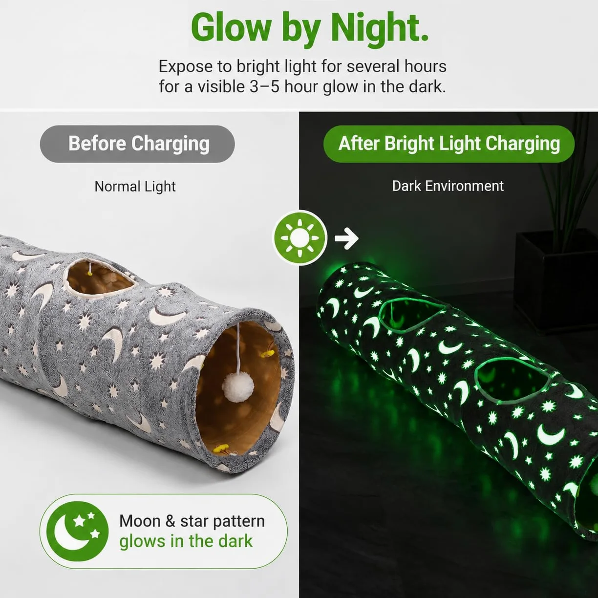 Tubo de túnel de gato con bola de peluche, plegable, fotoluminiscencia luminosa, para mascotas pequeñas, conejos, gatitos, hurones, cachorros y perros, estrella de luna gris