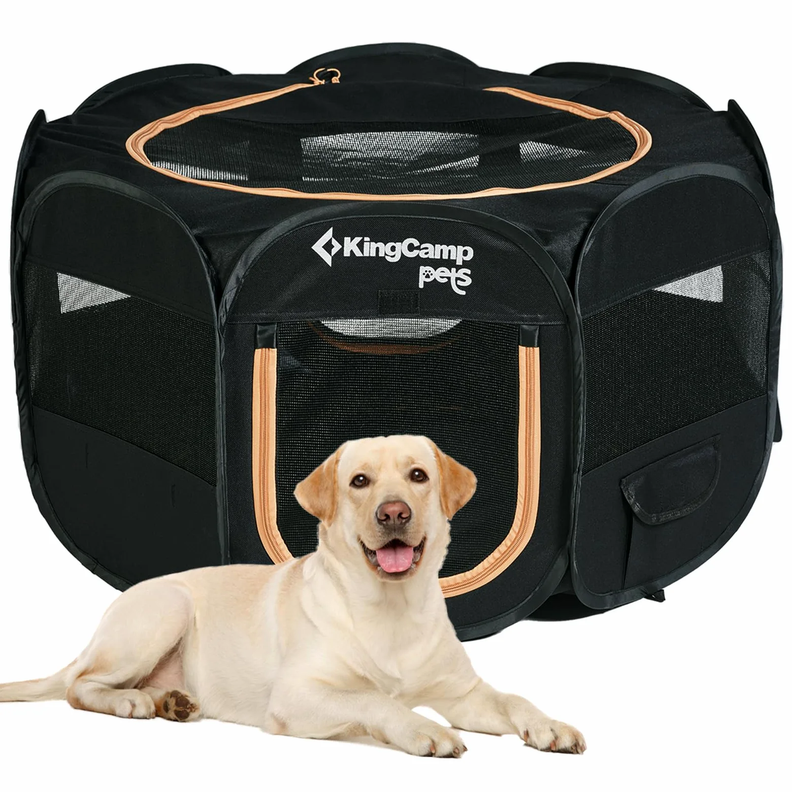 KingCamp Parque para Perros 91 x 91 x 58 cm, Parque Plegable para Mascotas con Ventanas de Malla, Portátil Parque para Gatos Cachorro Conejo Exterior Interior, Jaula Perros de Tela Oxford, Negro M
