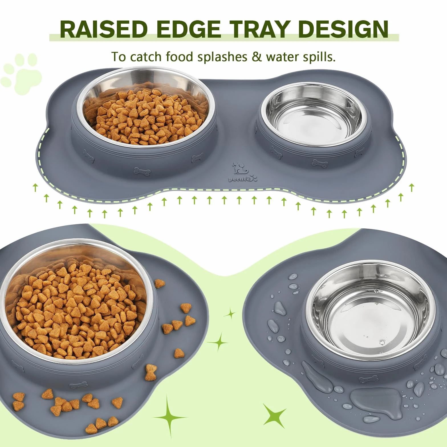 Pecute Comedero Perro y Gato, 3-in-1 Bebedero para Gatos Perros, Mascotas Pequeño de Acero Inoxidable Extraíble de Acero, Base de Silicona Antideslizante (400ml/13.5oz + 200ml/6.8oz)