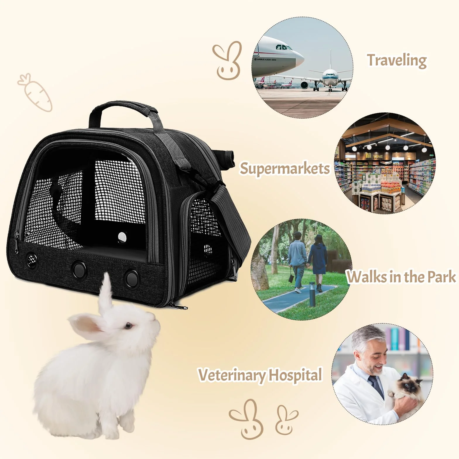 Bolsa de Transporte de Animales pequeños, 35 * 25 * 23cm Bolsa de Viaje saliente para Mascotas, Portador de Conejillos de Indias portátil con Malla Transpirable para pájaro, Rata,Negro