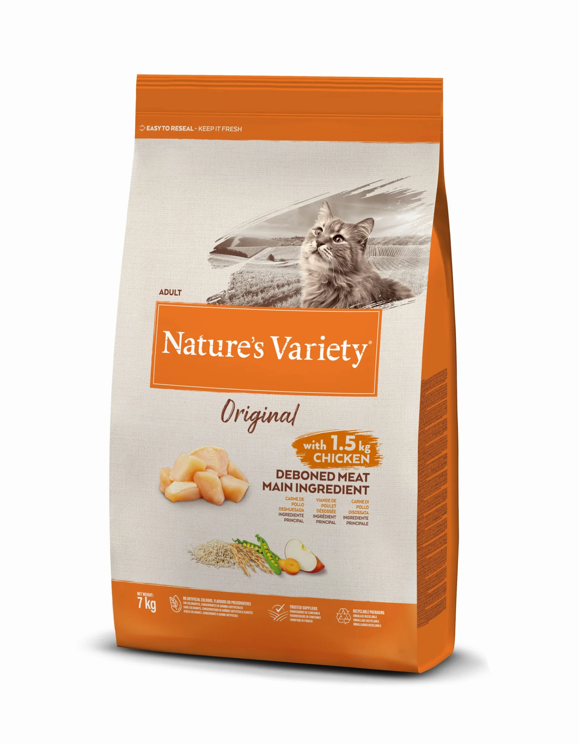 Nature's Variety Original, Pienso para Gatos Adultos con Pollo Deshuesado, 7kg & Original, Pienso para Gatos Adultos Esterilizados con Salmón sin Espinas, 7kg