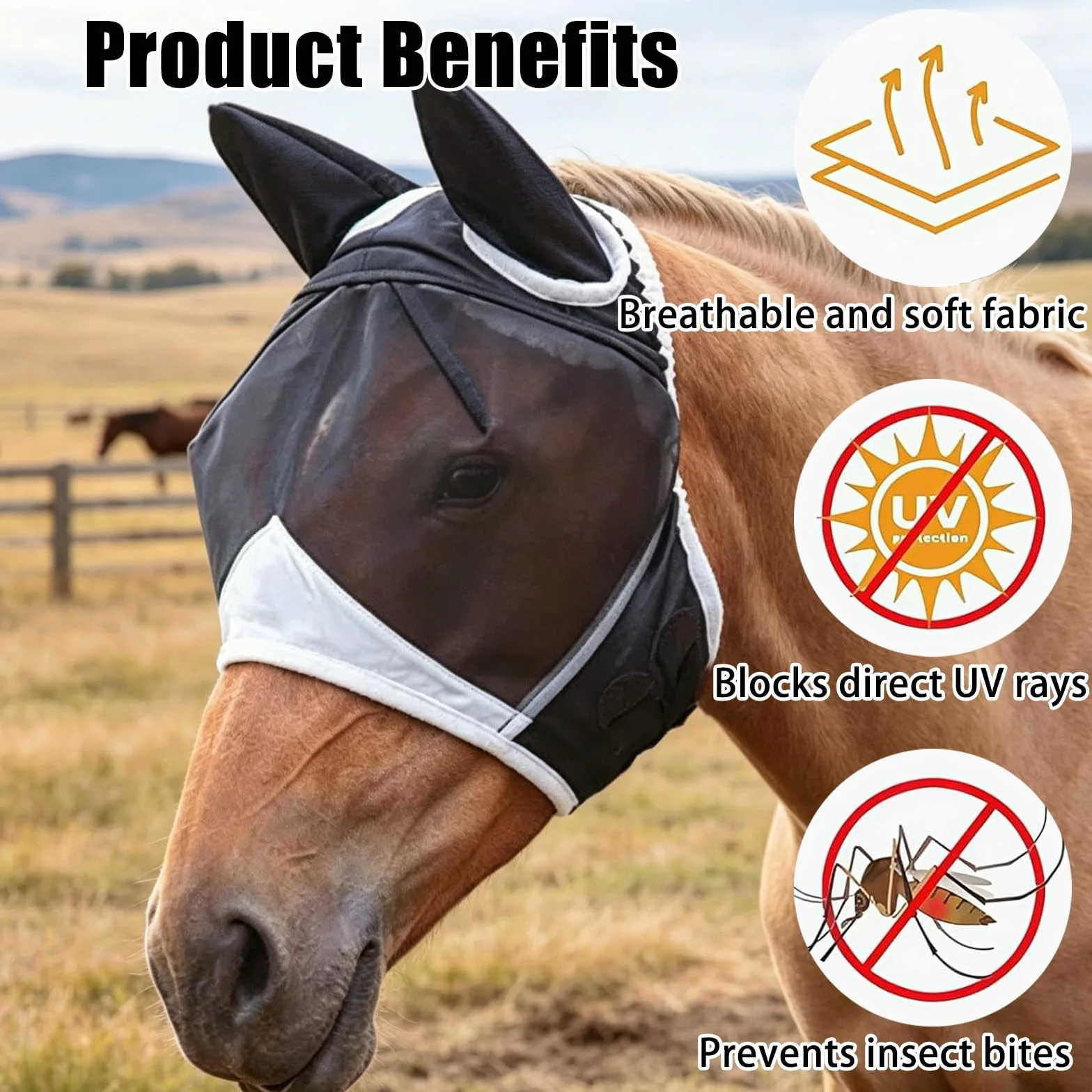 Máscara transpirable para moscas de caballo, máscara de mosca de caballo blanco y negro con orejas, tamaño ajustable (L)