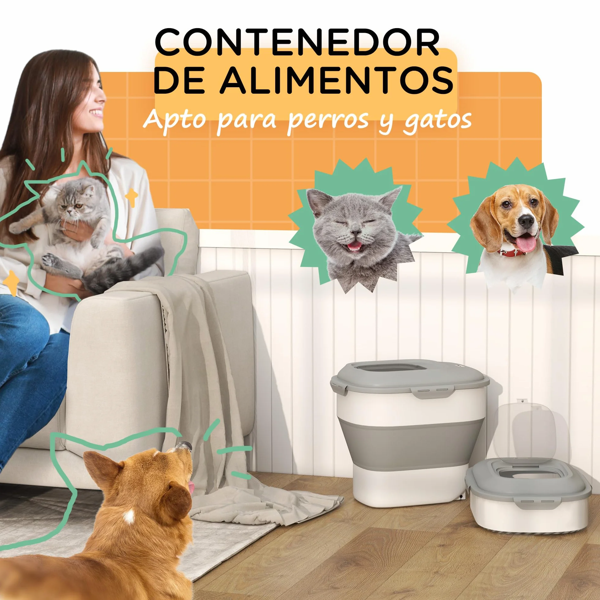 PawHut Contenedor de Comida para Perros Plegable 25L Contenedor de Pienso con Ruedas Taza Medidora Cuenco Plegable y Cuchara Contenedor de Comida para Mascotas Gatos Gris