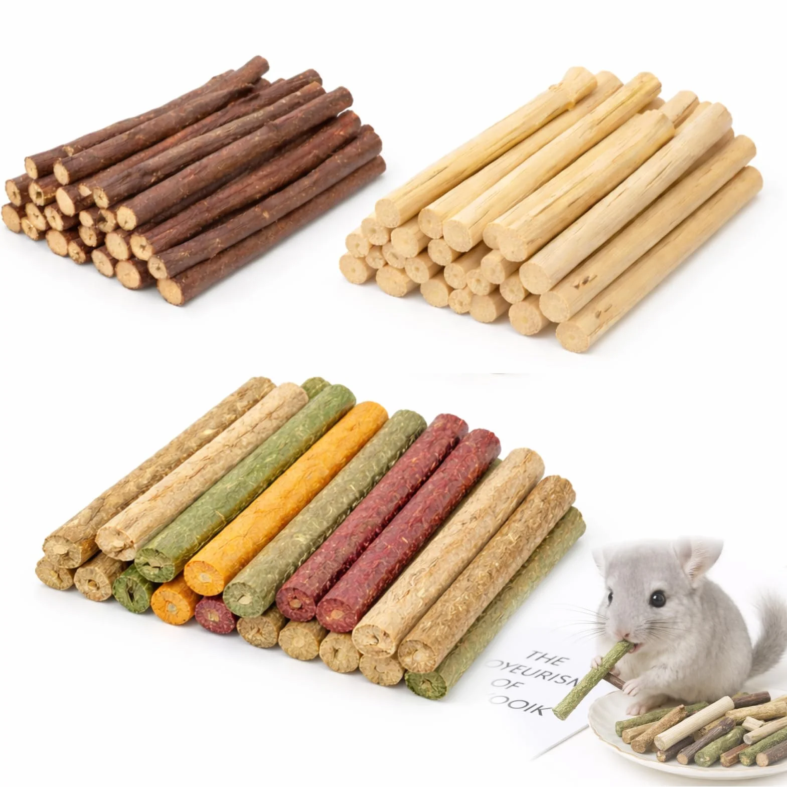 120g Barritas De Manzano Heno Bambú Natural para Conejos, palitos Bambu Timothy Manzano Palo Juguete para Conejo Hamster cobaya Chinchilla (Mezcla 120g)