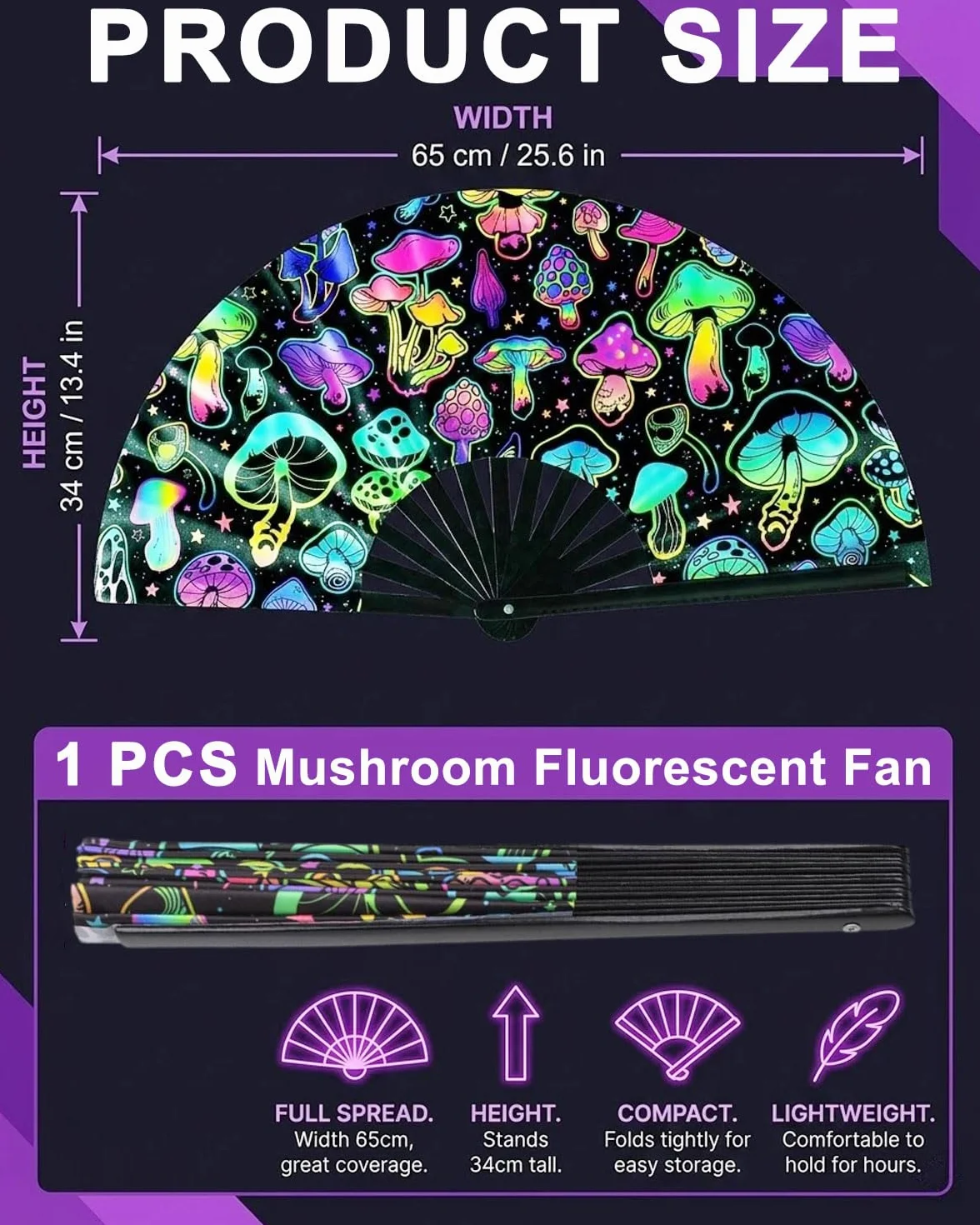 Abanico Plegable Glow Rave de Mano Grande para Bailar, Fiestas, Festivales