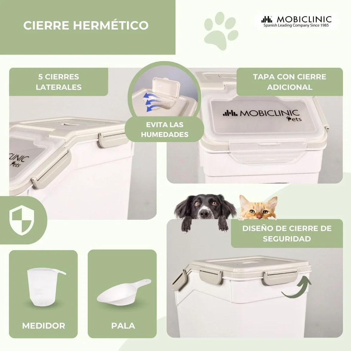 Mobiclinic®, Contenedor Pienso, Pala y Vaso Medidor, Capacidad 20 L/8 Kg, para Mascotas, Cierre Hermético, 23x25,5x36,5cm, con Ruedas, Ventana Transparente, Preservación de Frescor, Feedpet