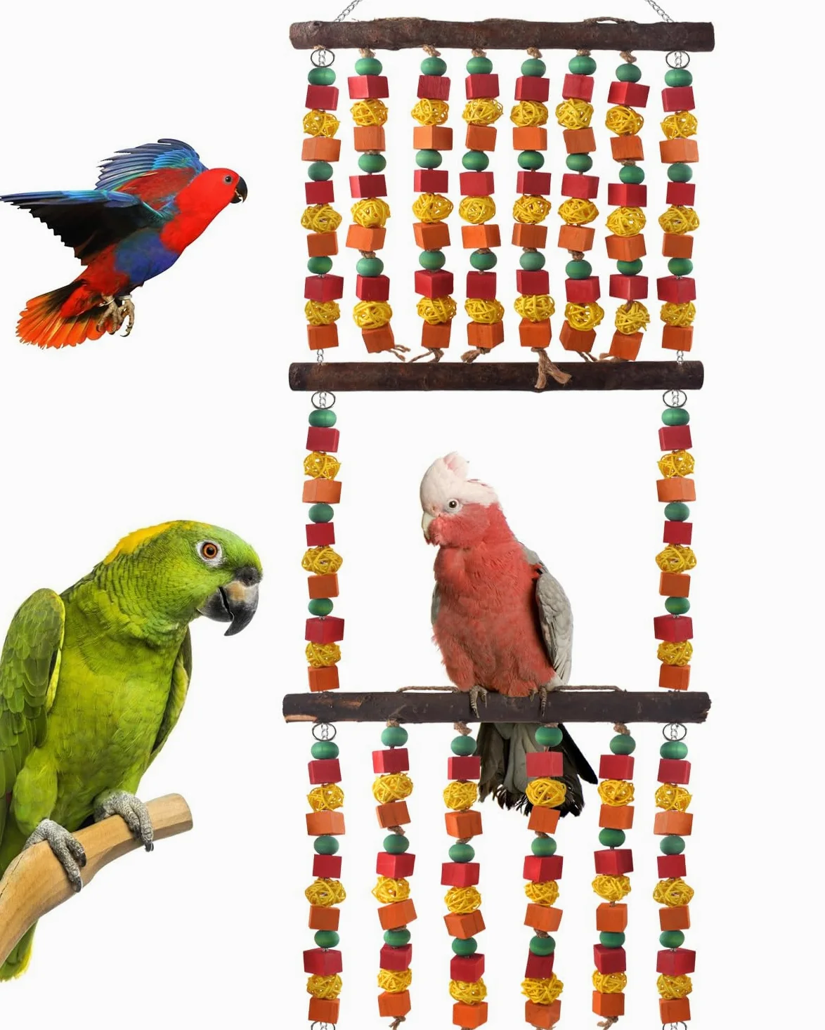 DBNESS Juguetes de loros de pájaros extragrandes de 43 pulgadas, juguetes de madera multicolor para masticar con bolas de ratán y perchas para guacamayos, grises africanos, cacatúas, loros amazónicos