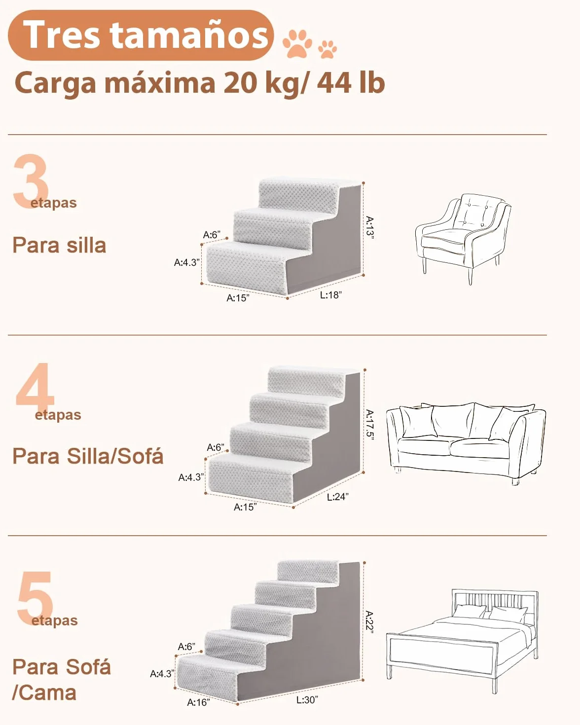 KSIIA Escalera para Perros pequeños de 33 cm, Funda Lavable, rampa Antideslizante para Cama y sofá, Gris
