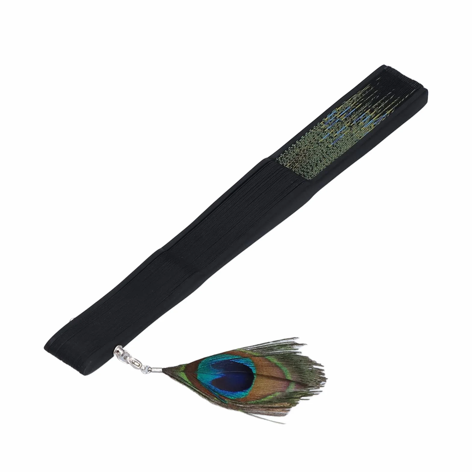 Abanico de Mano de Bambú Antiguo Plegable con Patrón de Pavo Real para Decoración de Pared