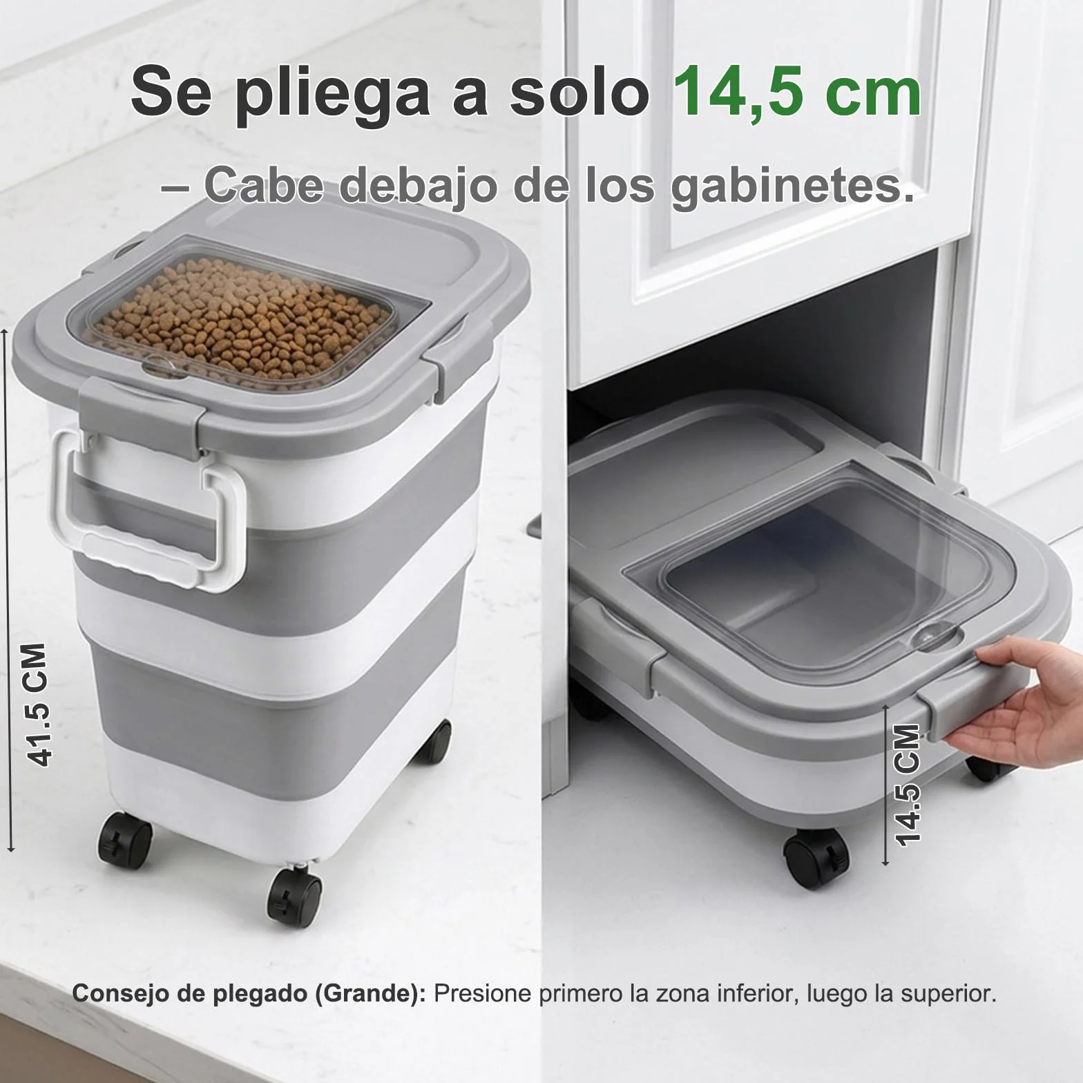 FUSHITON Gran Contenedor de Comida para Perros Plegable con Ruedas 24L/17,5kg – Recipiente Hermético para Pienso con Clip y Junta de Silicona, Incl. Pala + Taza Medidora 1000ml, Plegable Gris