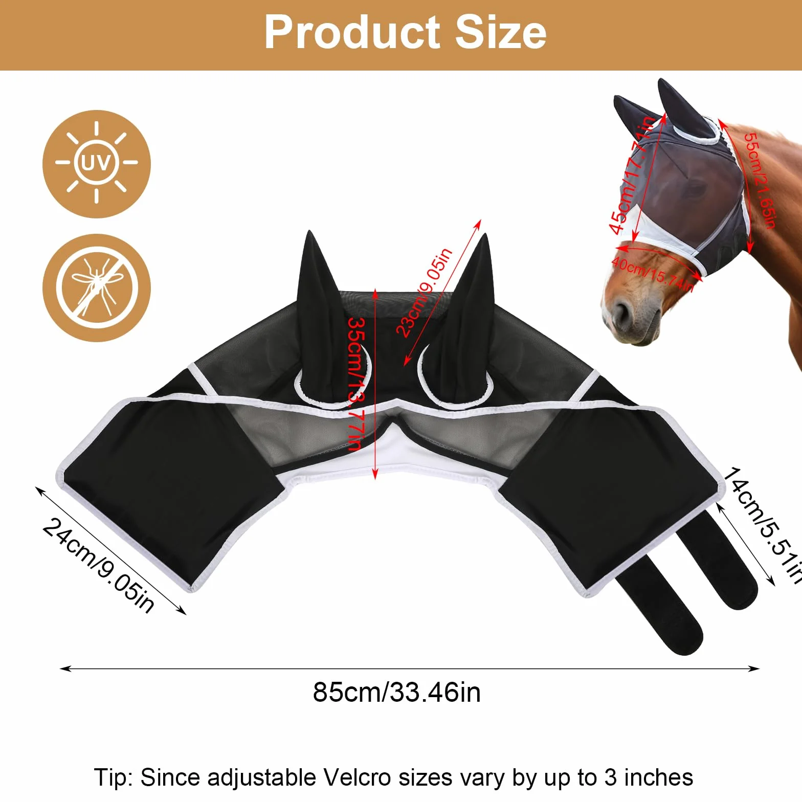 Máscara de mosca para caballo con protección UV, orejas de mosca, respirabilidad