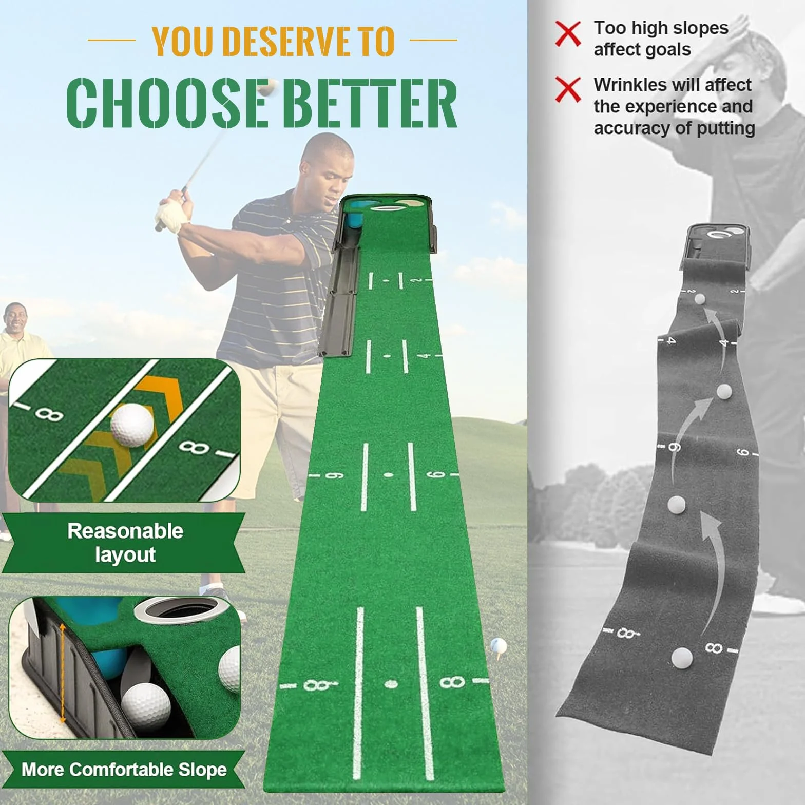 Juego de tapete de golf para interiores verde con bola automática y 3 agujeros ayuda de entrenamiento práctica