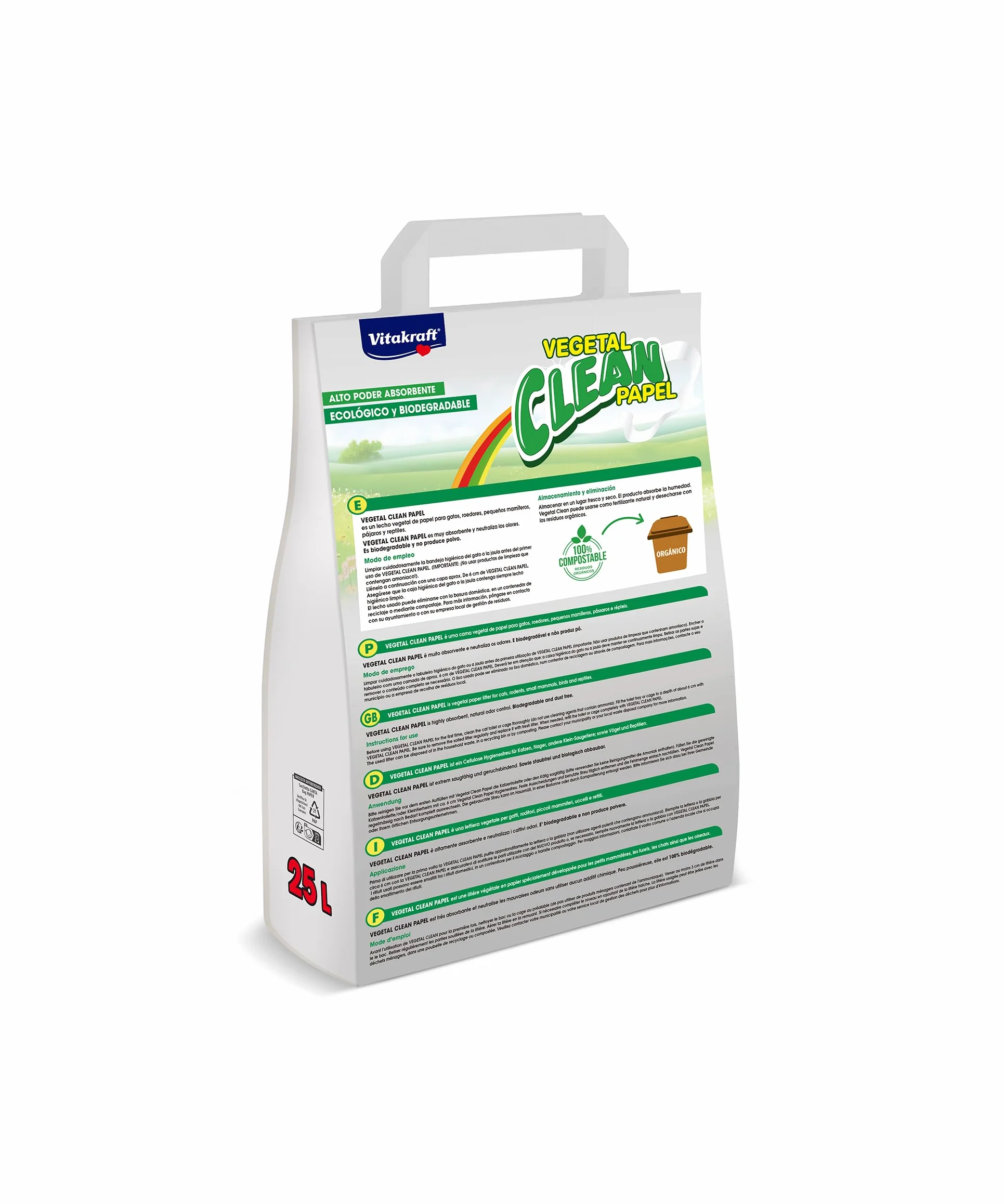 Vitakraft Vegetal Clean Papel lecho sanitario prensado para animales pequeños conejos cobayas gatos control olores absorción hipoalergénico biodegradable 25L