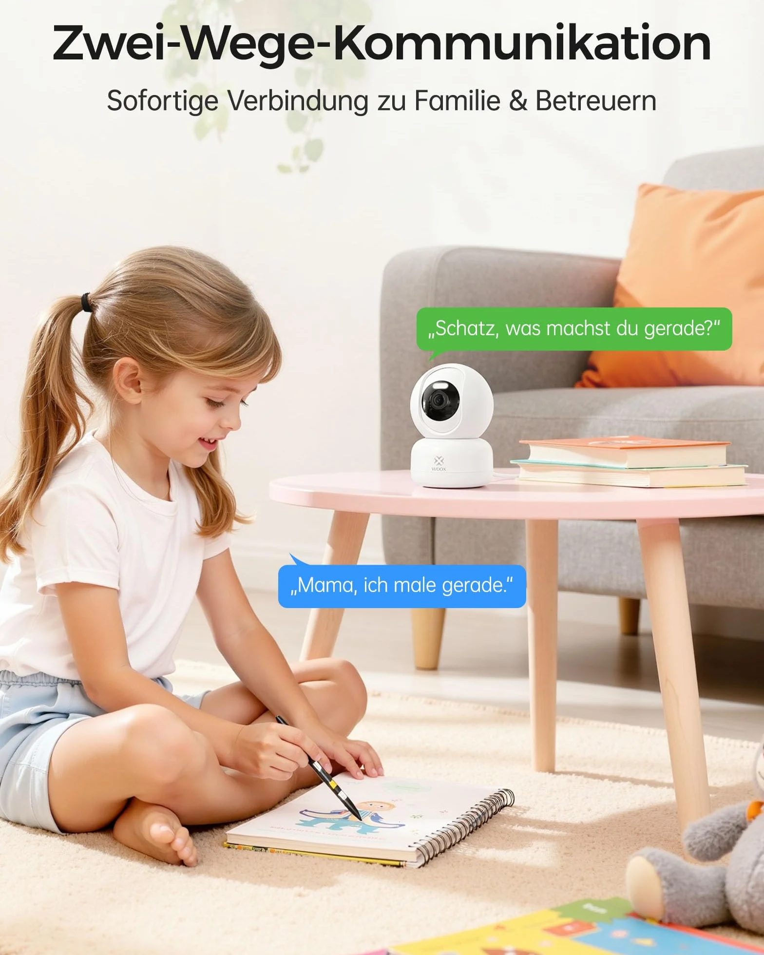 Woox Cámara de seguridad para interiores, 2K, Wi-Fi de 360°, cámara interior para perros con visión nocturna en color, reconocimiento de gritos personal/bebé, seguimiento de automóviles, audio
