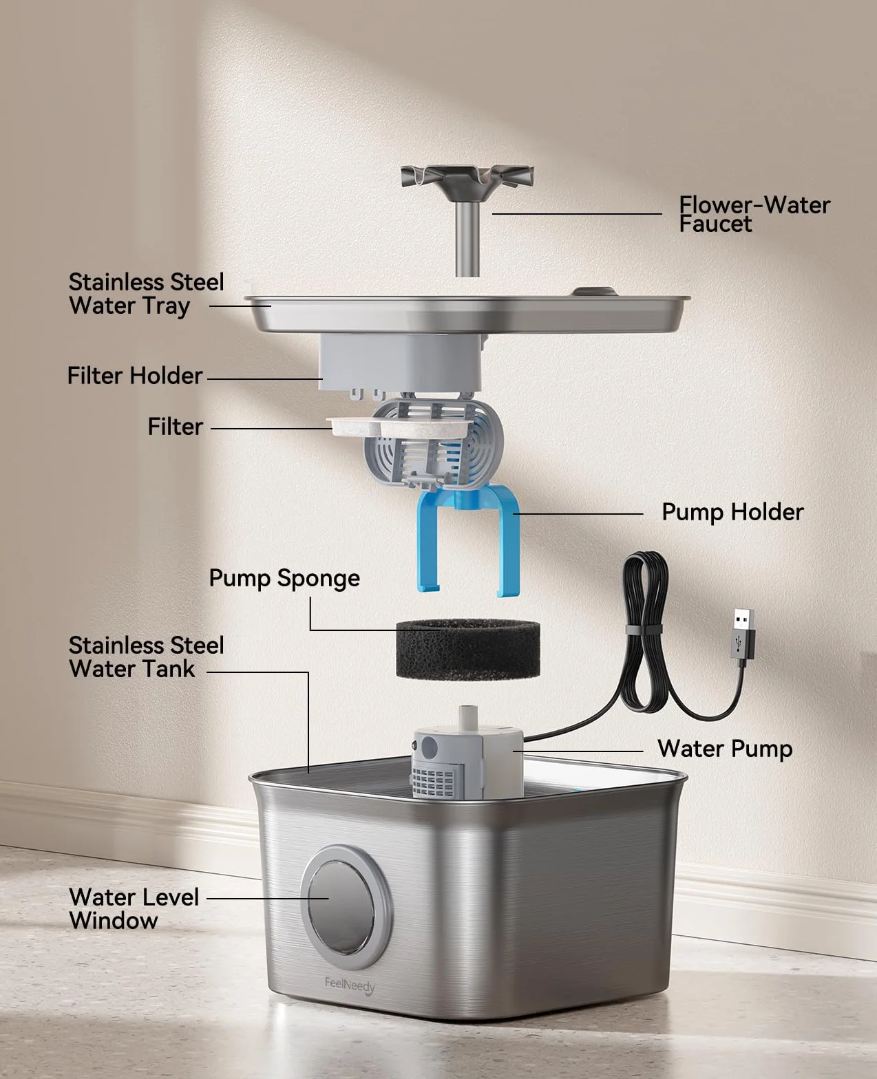 2.8L Fuente para Gatos Acero Inoxidable con 3 Filtros, FEELNEEDY Bebedero Gatos Ultra Silencioso, Filtración de Cuatro Capas, Fácil de Limpiar, Apta para Lavavajillas