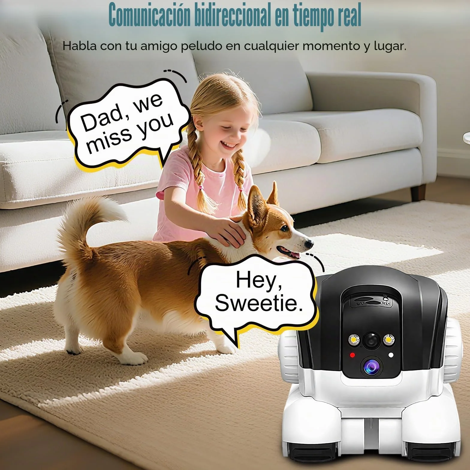 Robot Camera, 1080P Duales Cámara Robot para Mascotas con Audio 2 vías, Visión Nocturna, Reconocimiento de Movimiento, Grabación de vídeo, Control de Aplicaciones para Gatos, Perros, Bebé