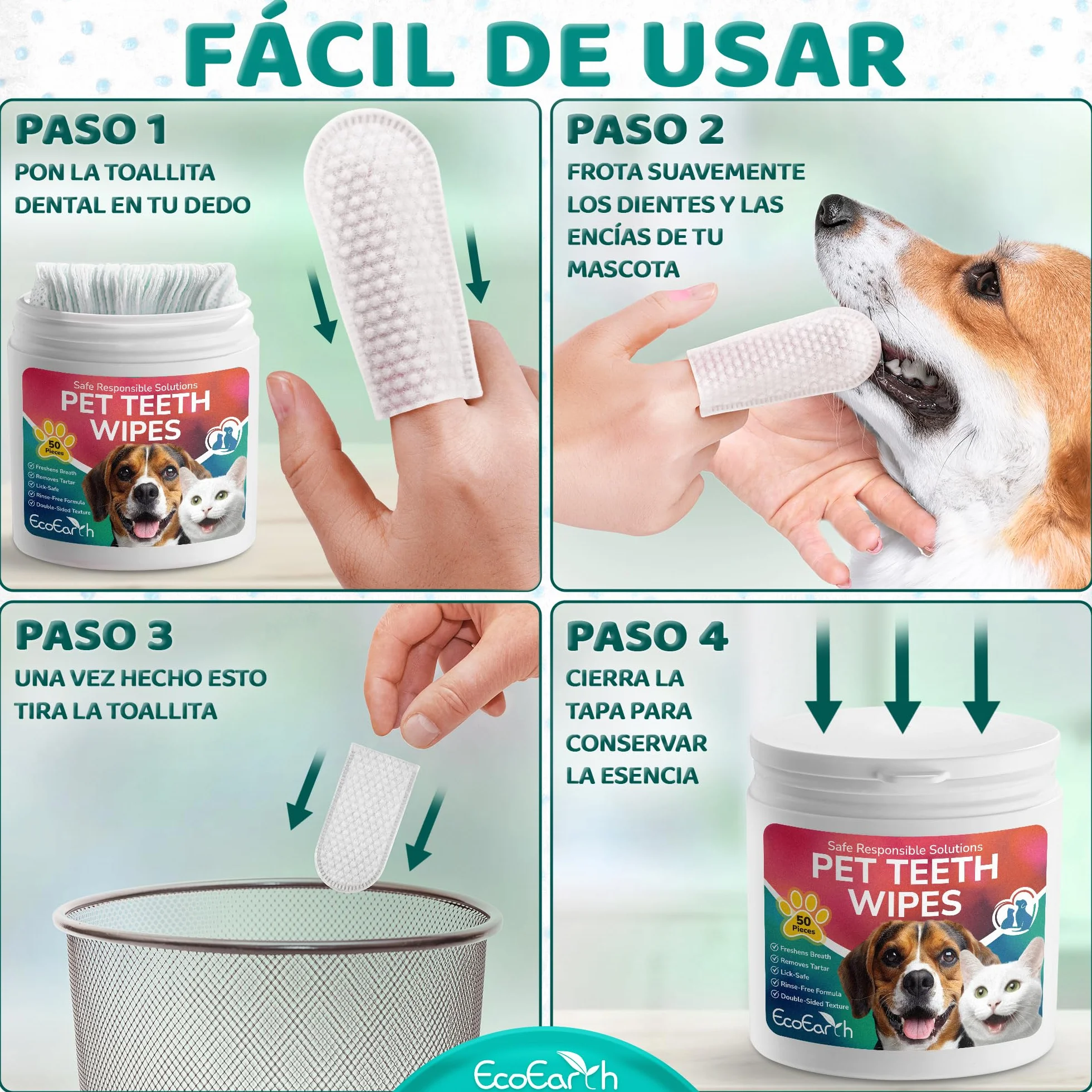 EcoEarth Toallitas de Limpieza Dental Premium para Perros y Gatos - 100 Piezas - Almohadillas para los Dedos para el Cuidado Dental de Mascotas para un Aliento Fresco y una higiene bucal