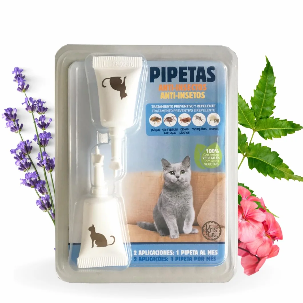Pipetas Repel para Gatos con Margosa, Geraniol Y Lavandino, contra pulgas, garrapatas e Insectos, Blister con 2 Unidades