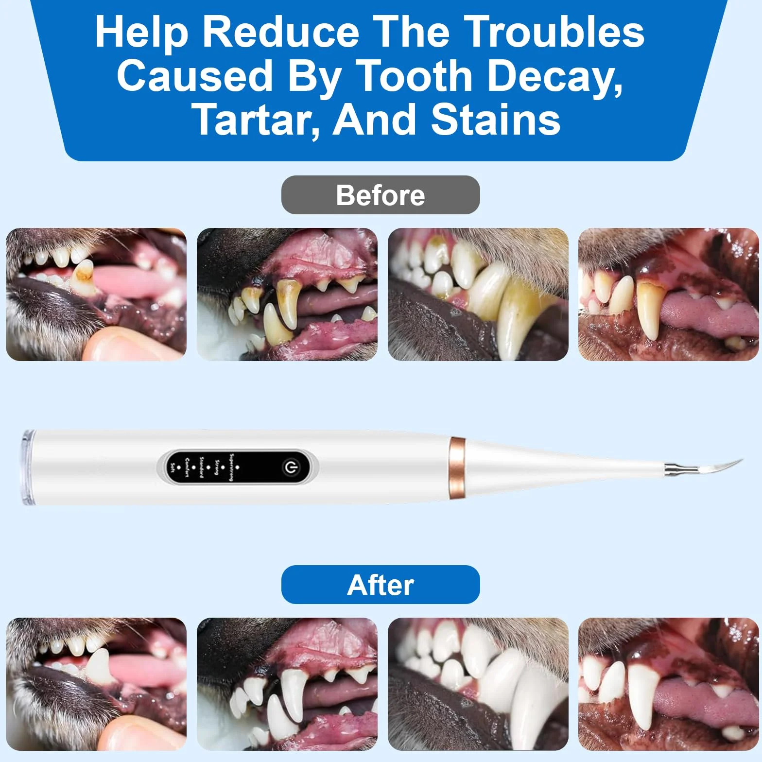 Limpiador Dental Ultrasónico para Perros y Gatos Blanco – 5 Modos con LED, Detección de Encías, IPX7, Recargable USB-C, Kit Completo