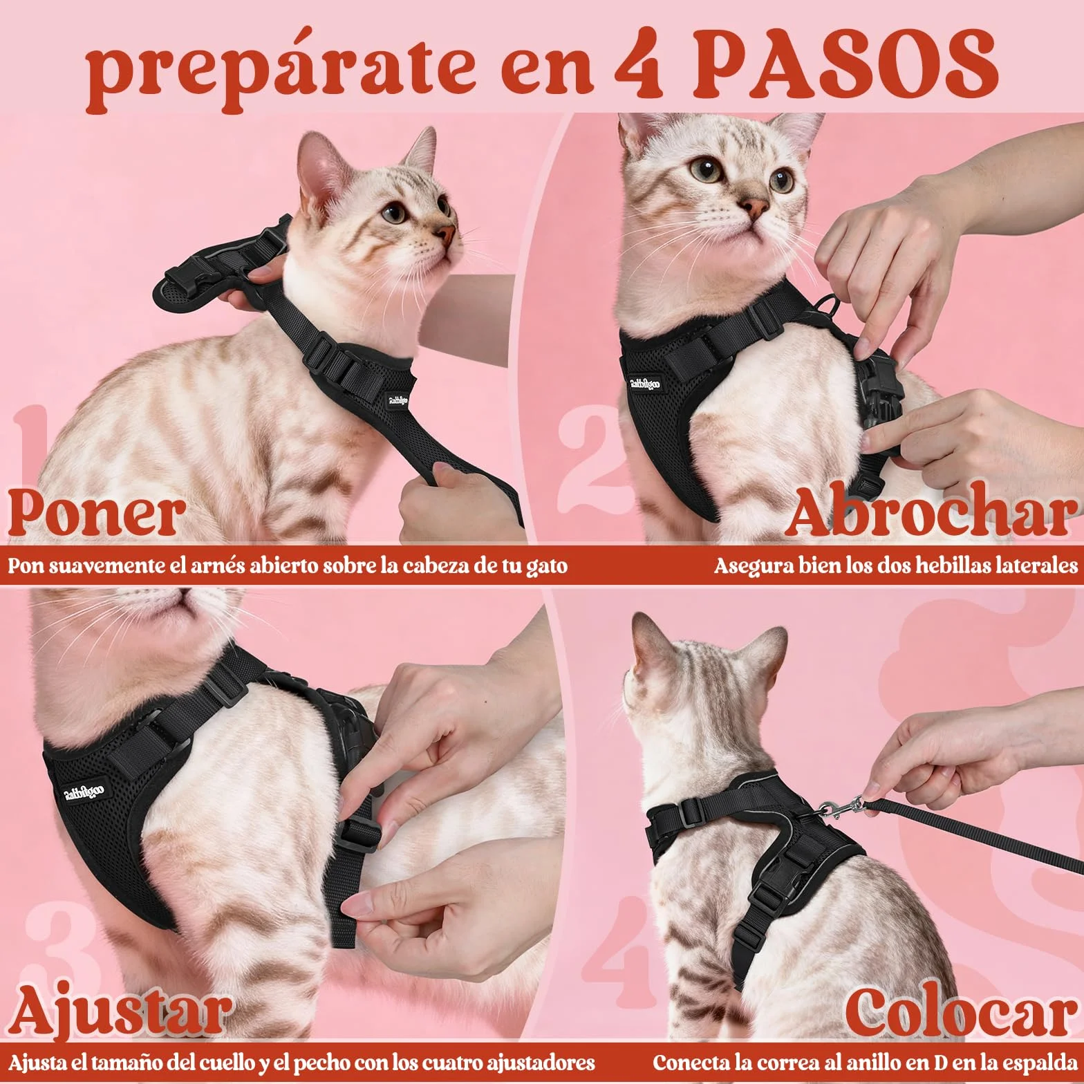 rabbitgoo Arnes para Gatos Antiescape con Correa 150cm, Arnes Gato Ajustable Reflectante, Chaleco de Tela de Malla Suave y Transpirable, Arnés Gato Pequeño para Caminar Entrenar, XS, Negro