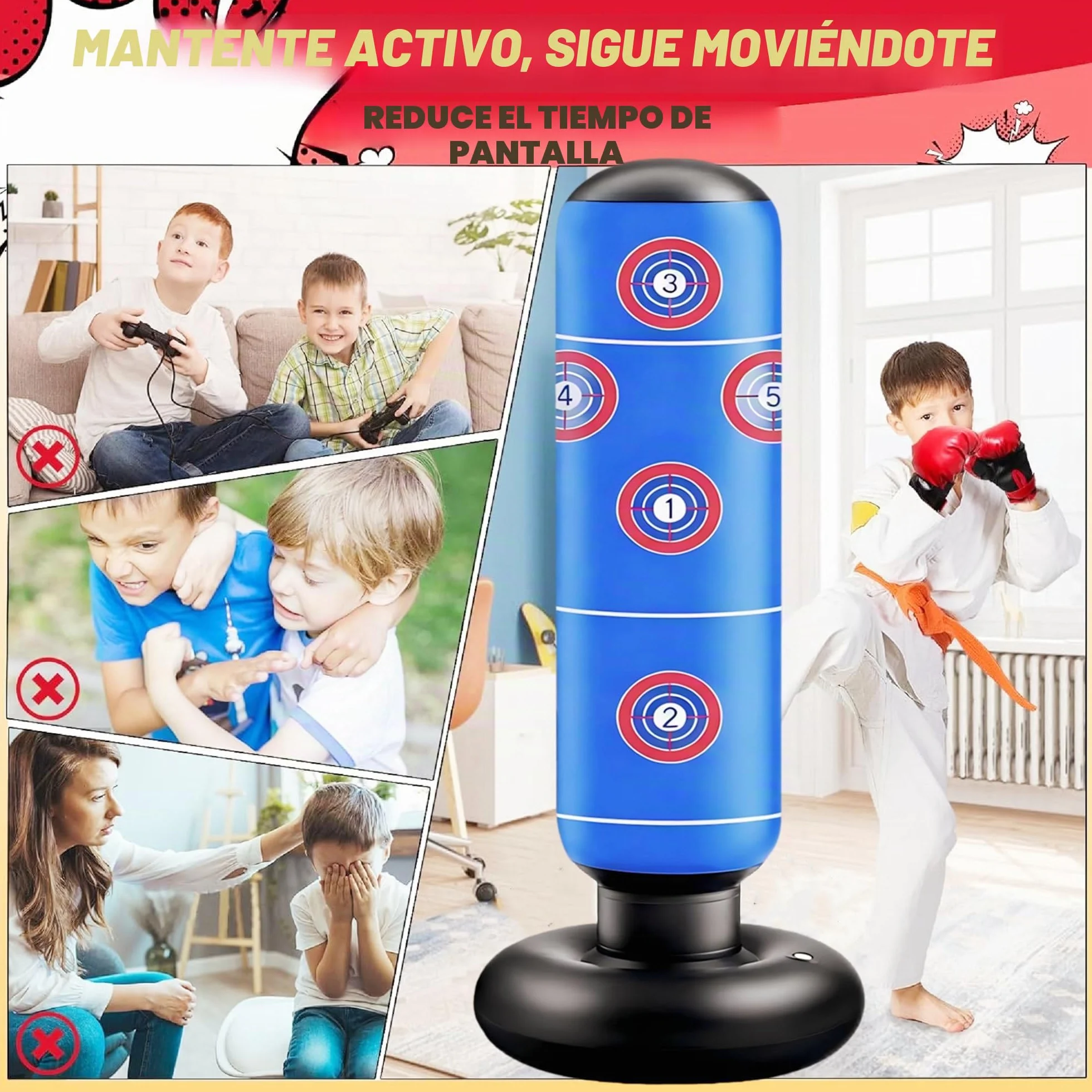 Saco de Boxeo Inflable 165cm para Niños con Guantes MMA Karate Taekwondo 2025