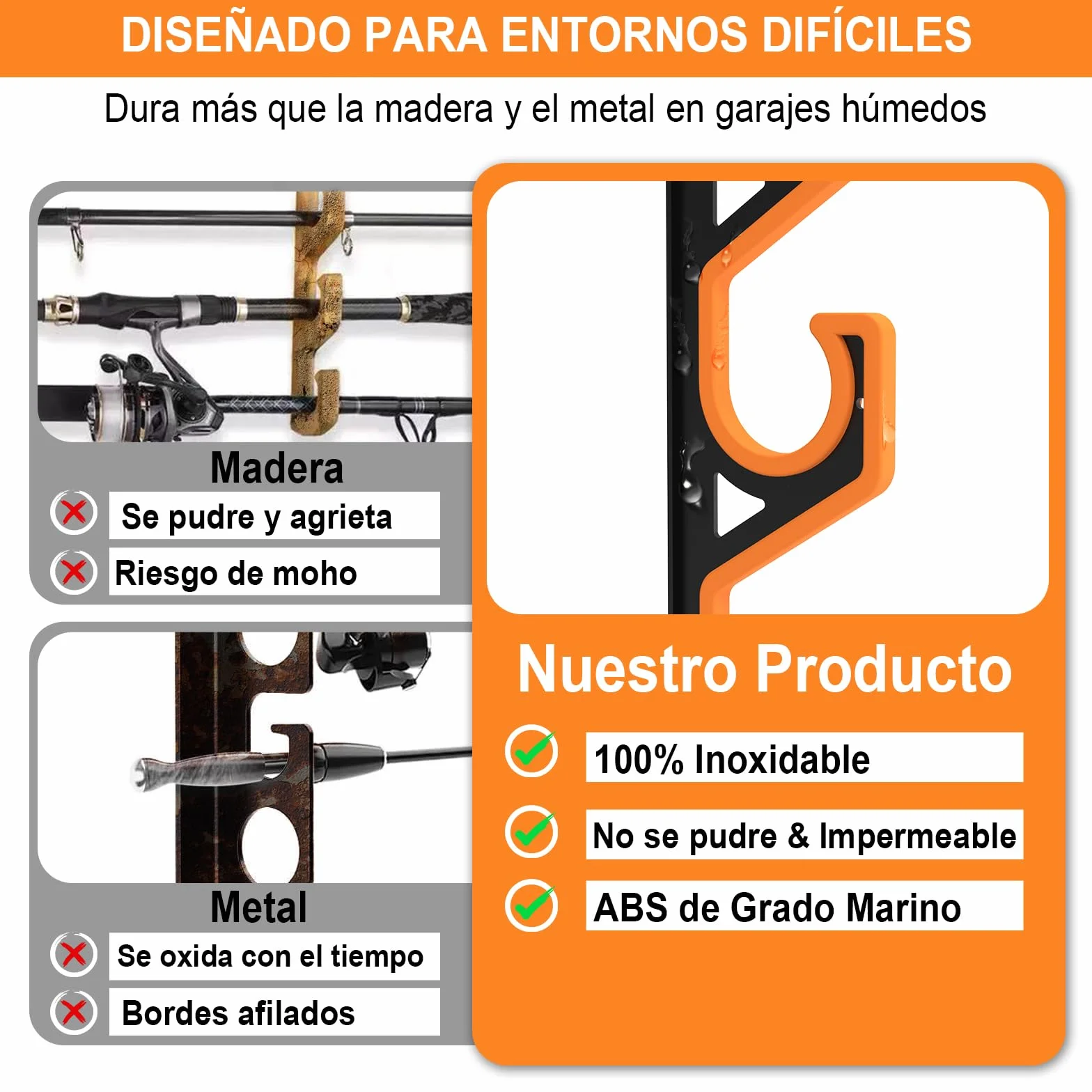 Soporte Cañas Pescar Pared Techo, Organizador Horizontal 5 Cañas, Porta Cañas Pescar Garage Goma PU, Estante Antiarañazos Negro Amarillo
