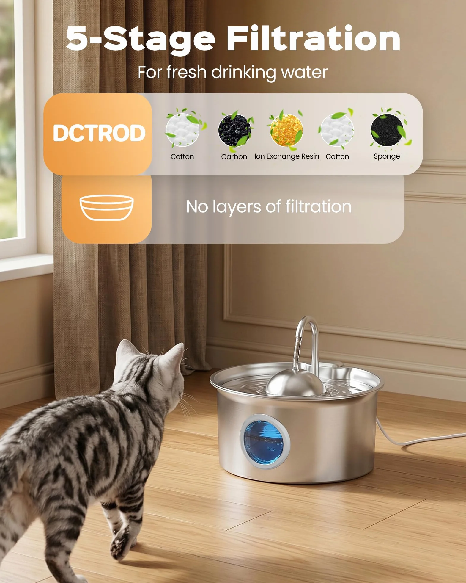 Fuente para Gatos Acero Inoxidable: Bebedero Gatos Automatico - 2.6L Fuente Gato Acero Inoxidable - Dispensador Agua Gato - Dispensador Agua Mascota - Filtración de Cuatro Capas - Hemiesférico