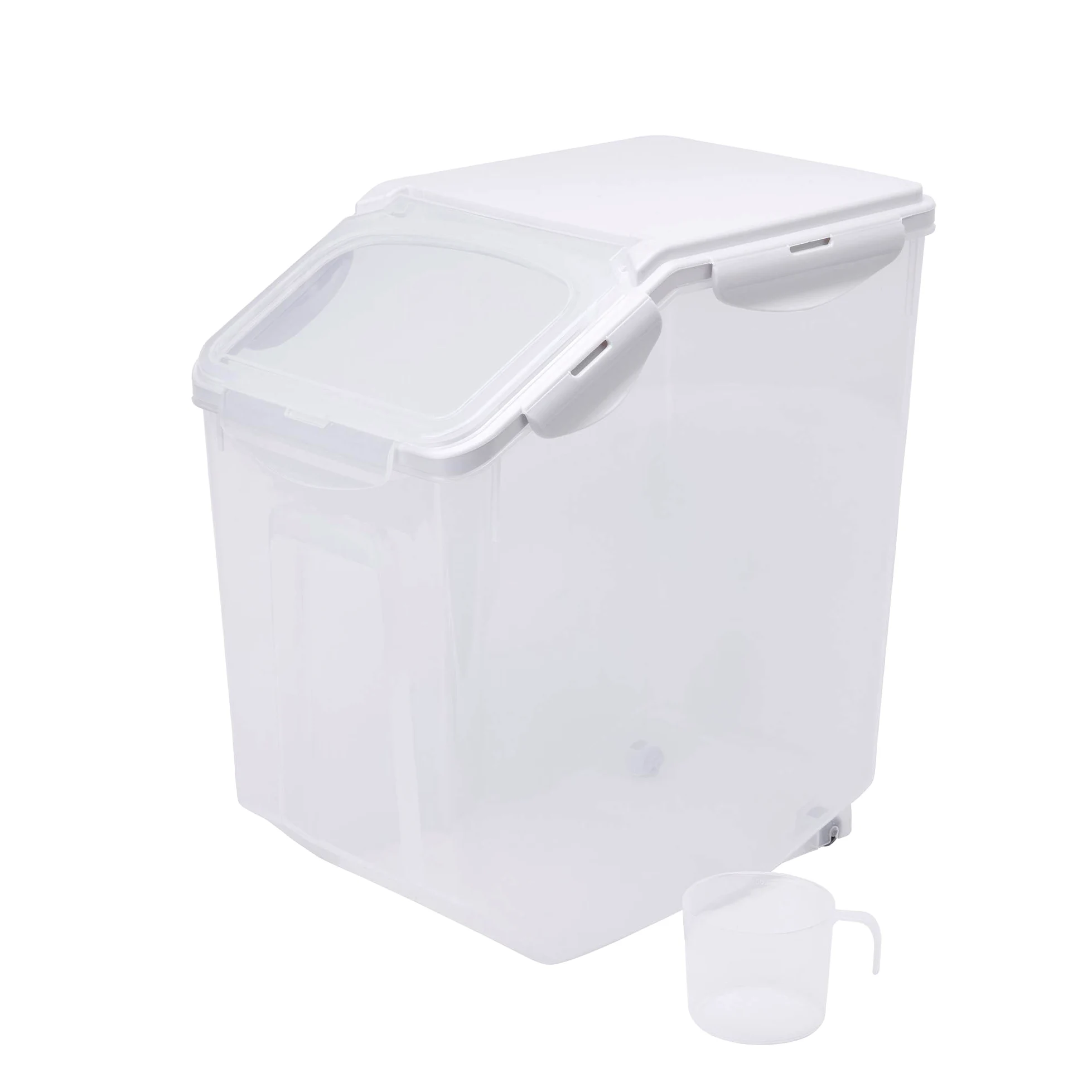 HANAMYA Contenedor de almacenamiento de alimentos con taza medidora, sin BPA, 80 tazas, para arroz, grano, comida para mascotas, harina, transparente