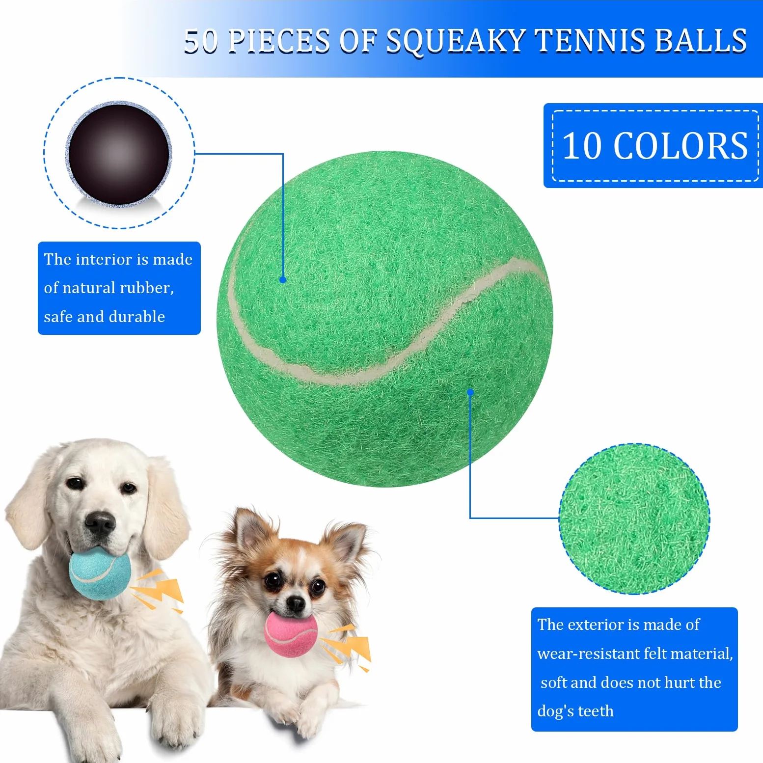 Liliful 50 pelotas de tenis chirriantes para perros de 2.5 pulgadas para jugar a mascotas, perros medianos y grandes, pelotas de cachorro para entrenamiento, juguete de pelota de perro con chirriador