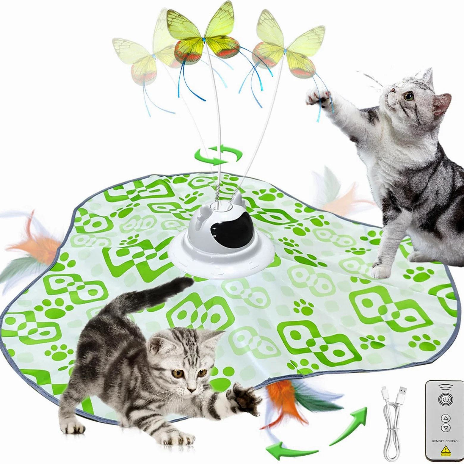 AO LI GEI Juguetes interactivos para gatos, juguete interactivo recargable 3 en 1 para gatos con control remoto, mariposa aleteante automática, pluma de emboscada en movimiento, juguete de ejercicio
