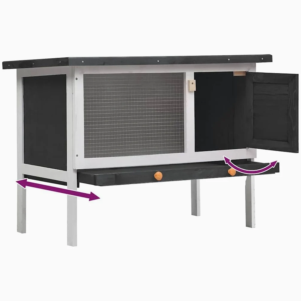Conejera de madera de 1 nivel, conejera para animales pequeños, con bañera extensible y techo plegable, jaula para conejos, color gris y blanco, 90 x 45 x 65 cm