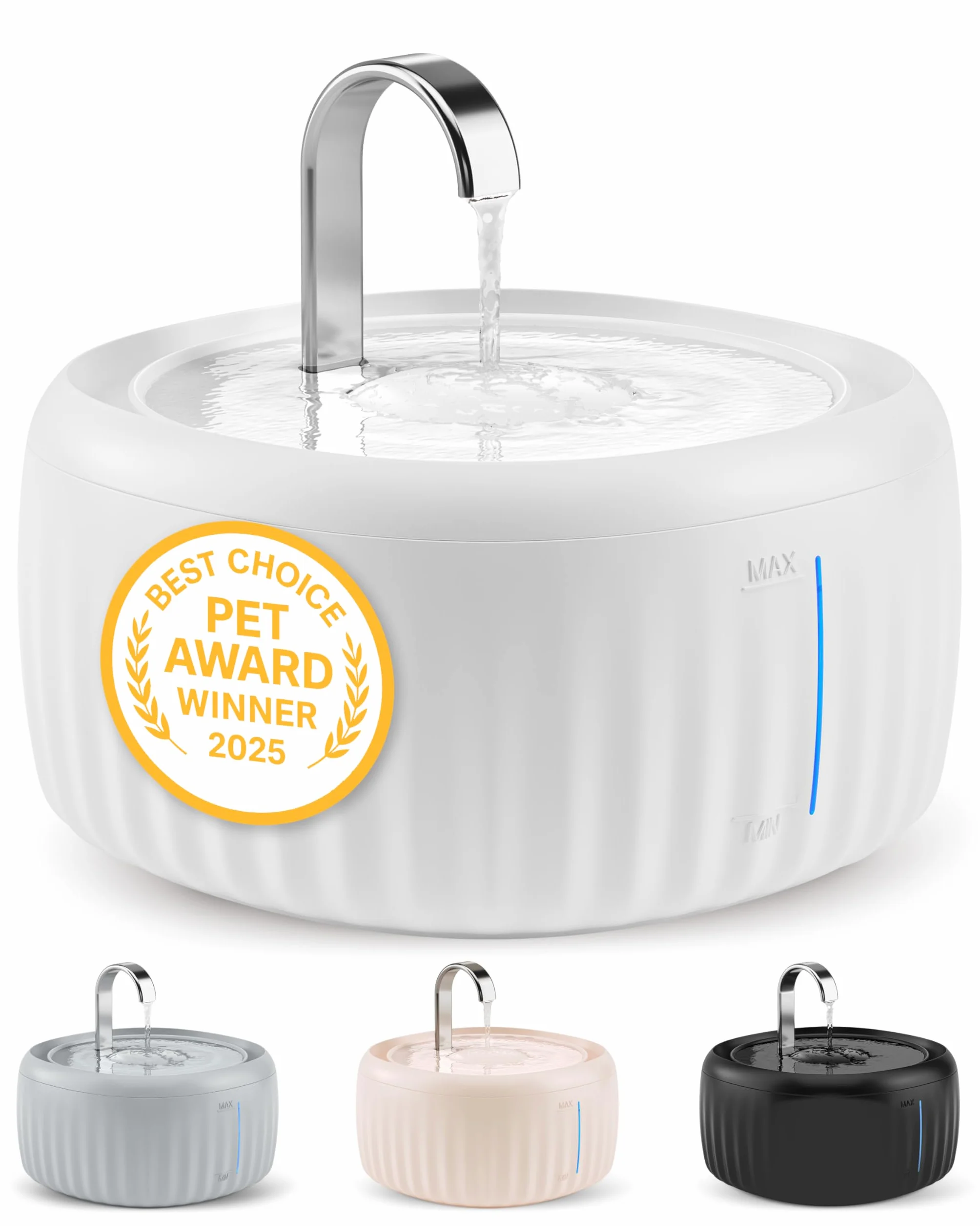Pretty Paw Fuente de Agua para Gatos 3L con Indicador LED MIN/MAX - Funcionamiento Silencioso y Fácil Limpieza, Bebedero Automático con Filtro para Interior - Aquaflow (Blanco)