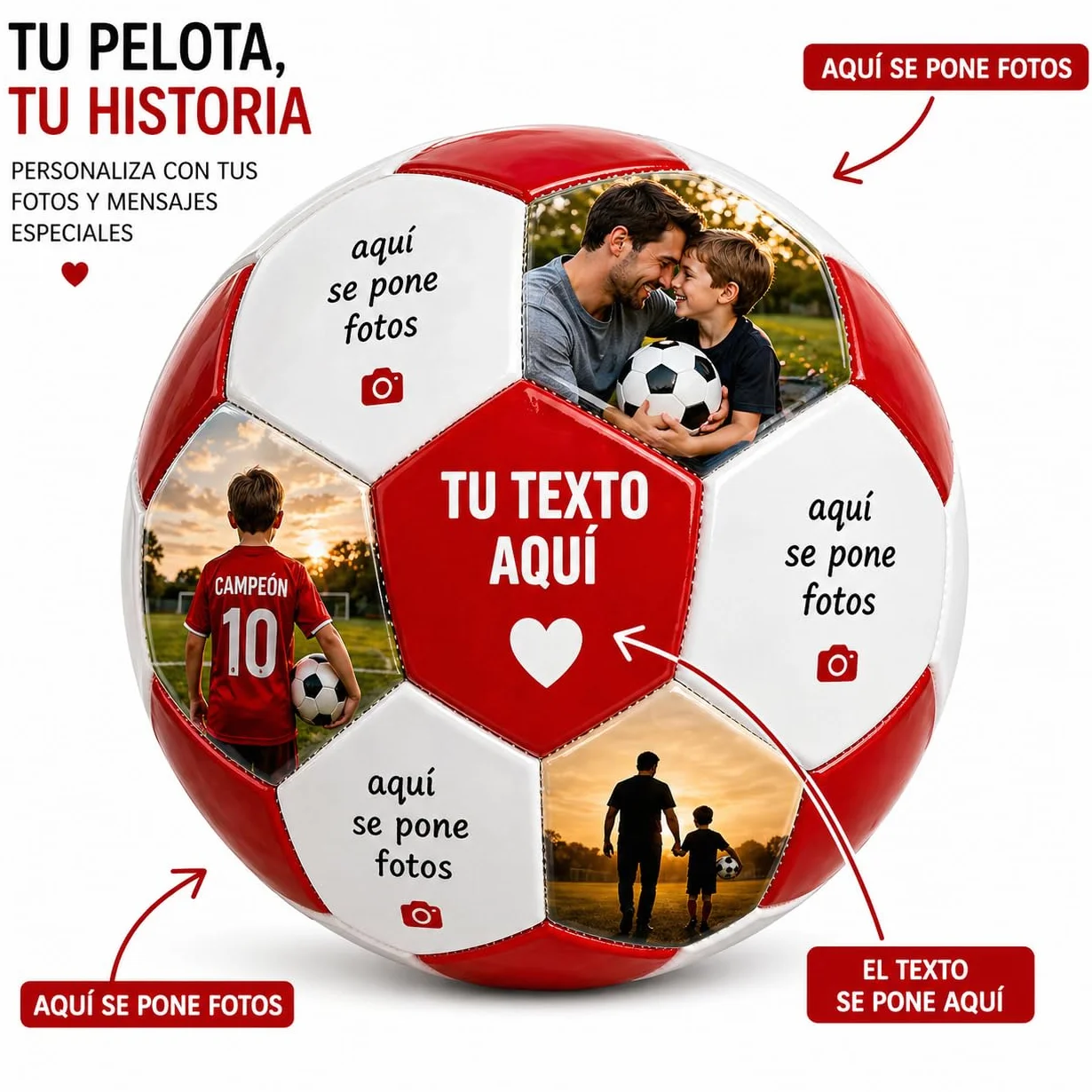 Balon de Futbol Personalizado con Fotos y Textos, 19 Fotos + 12 Textos, Regalo Original para Padres, Ninos y Entrenadores