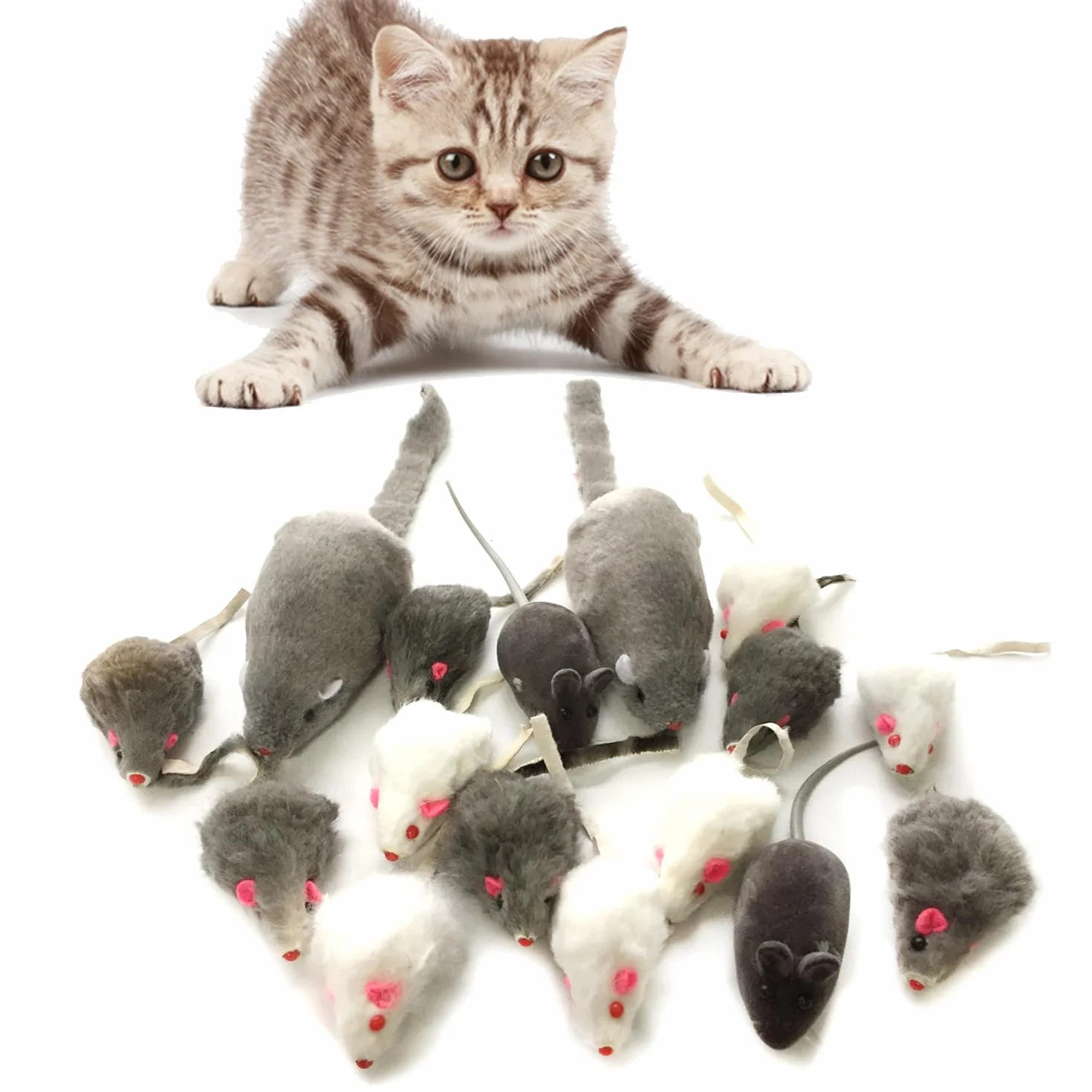 QUOZUO Juguetes de ratón para gatos, juguetes peludos para mascotas con sonajeros para gatitos, 16 piezas, blanco y negro