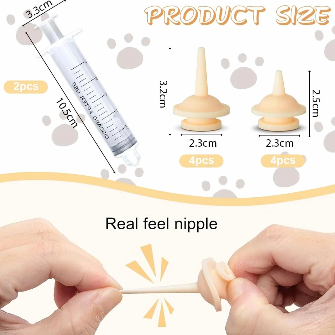10 Piezas Unidades Kitten Feeding Kit, Syringes & Nipple Set para Gatitos, Biberon Gatos Recien Nacidos, 2 Jeringas de alimentación y 8 Pezones de Silicona, Cachorros y Suministros Reutilizables