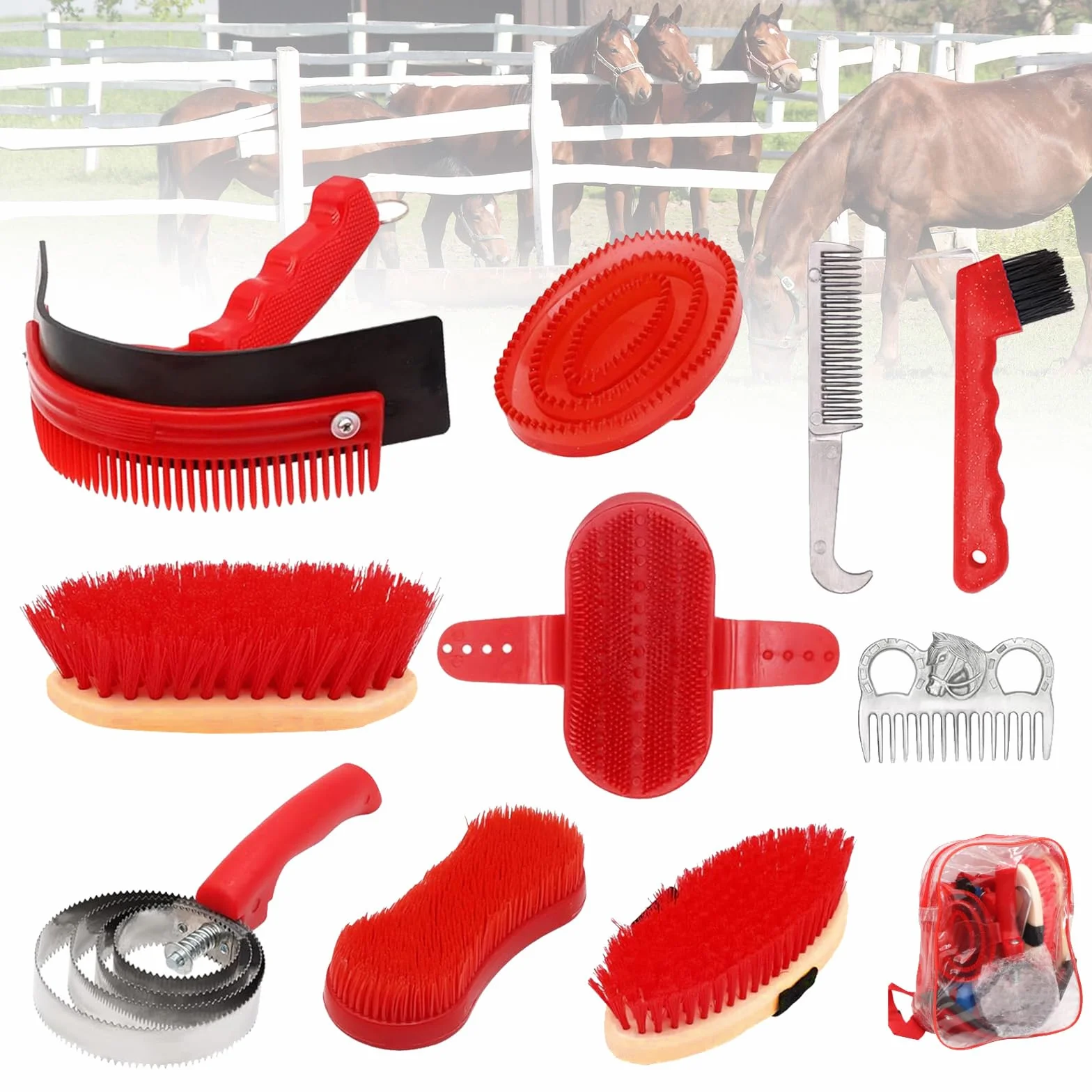 Cepillos Para Caballos, 10PCS Juego De Cuidado De Caballos Juego De Cuidado De Cepillos Kit De Cuidado De Caballos Limpieza De Caballos Cepillo Ecuestre Accesorios Con Bolsa De Almacenamiento