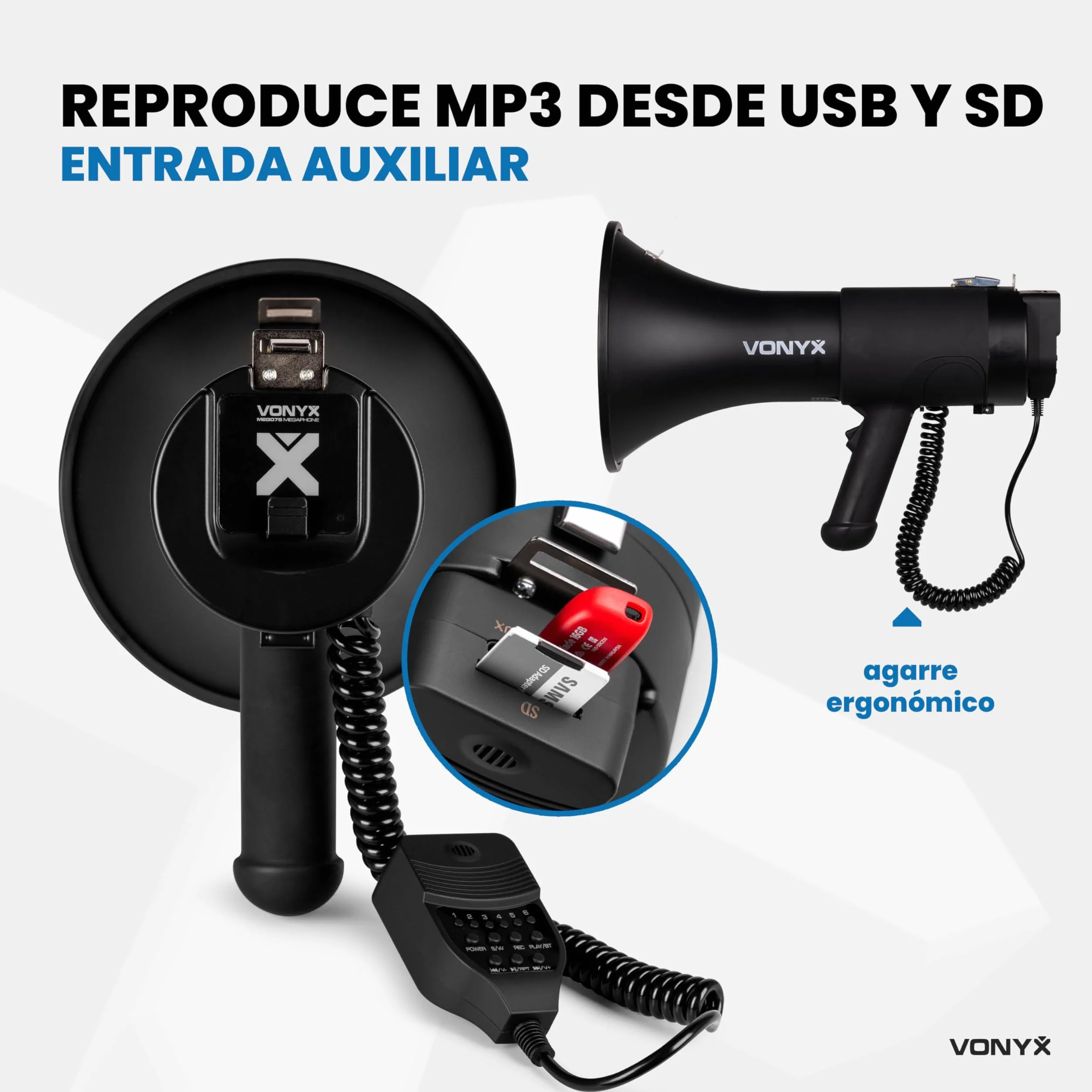 Vonyx MEG075 Megáfono Bluetooth Portátil 75W, Reproductor MP3, Batería Recargable, Negro