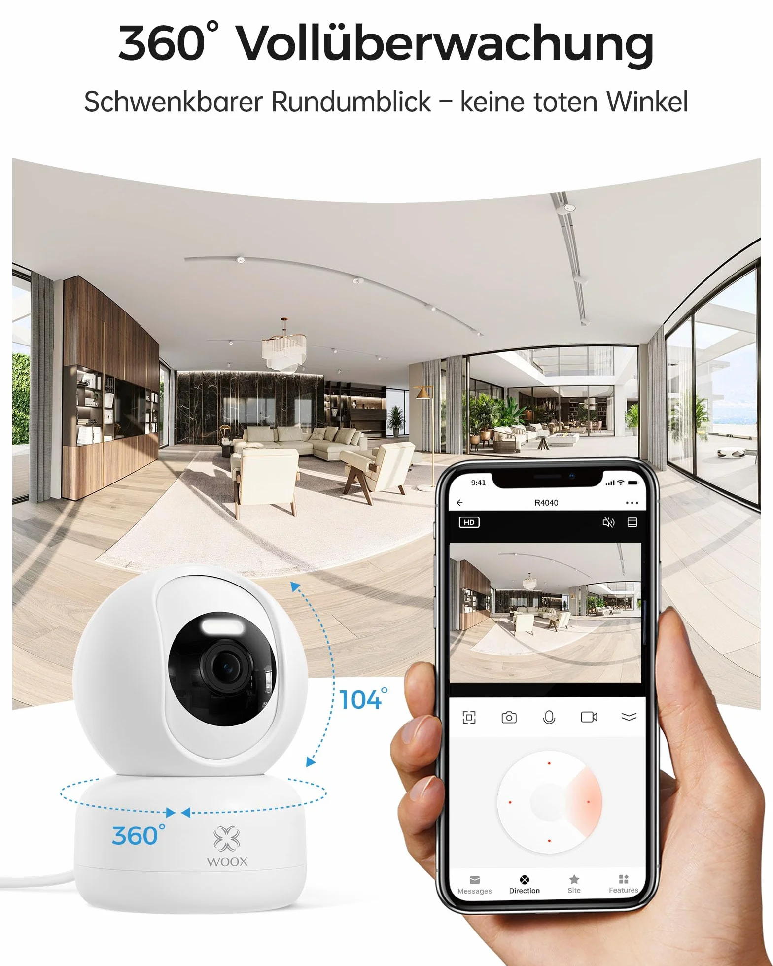 Woox Cámara de seguridad para interiores, 2K, Wi-Fi de 360°, cámara interior para perros con visión nocturna en color, reconocimiento de gritos personal/bebé, seguimiento de automóviles, audio