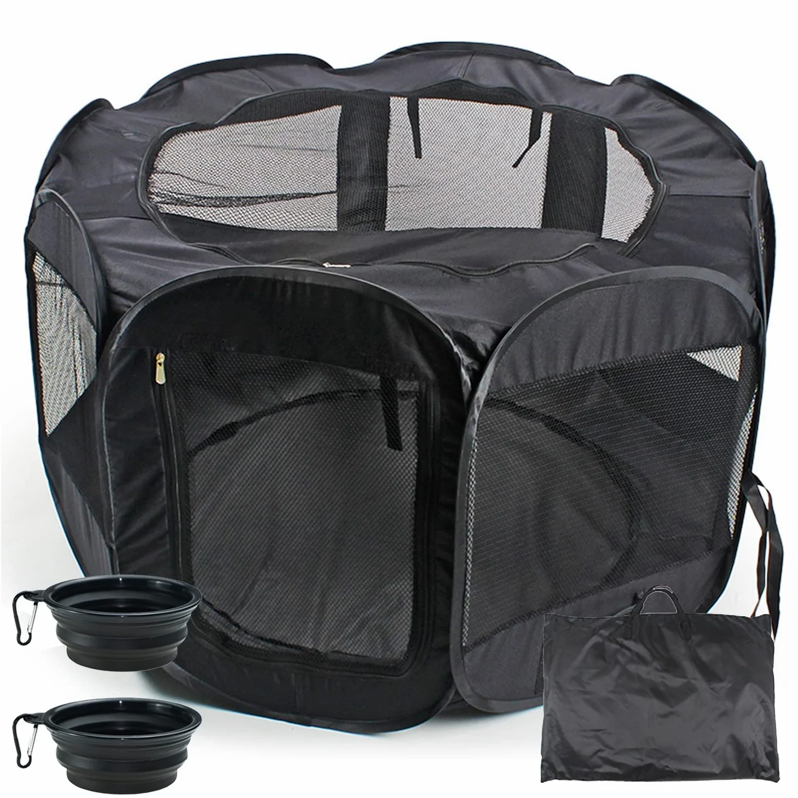 Tienda De Campaña Portátil Plegable Para Mascotas, Parque De Juegos Para Mascotas, Parque Para Perros,Parque De Juegos Octogonal Para Perro, Gato, Conejo Con Cuenco De Viaje Plegable,Negro